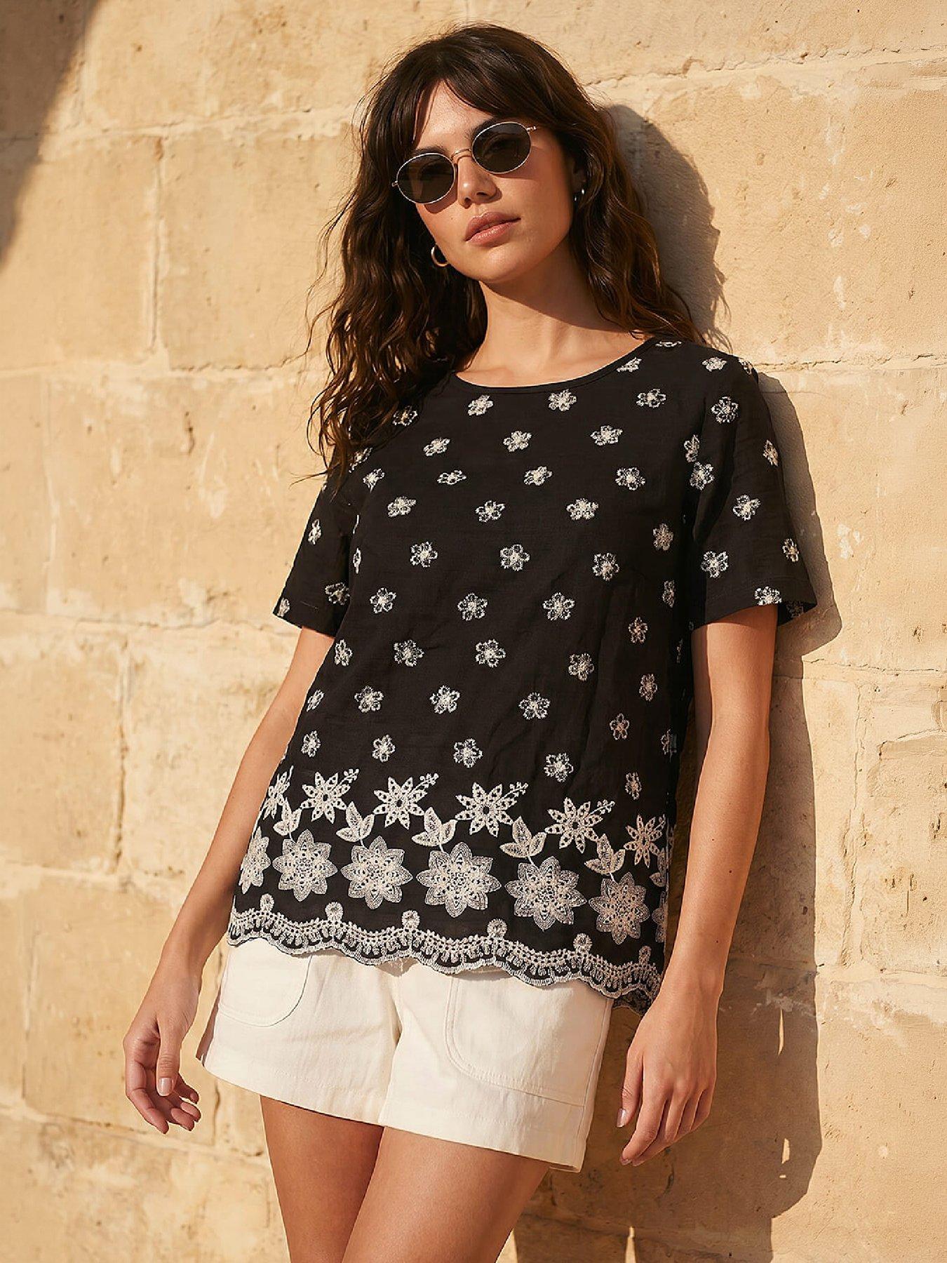 Roman Floral Embroidered Tunic Top, Black, Size 18, Women