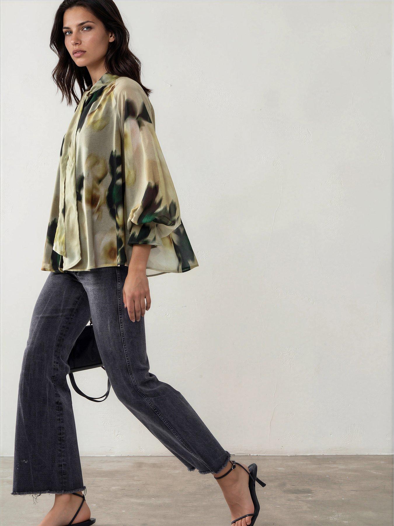 Image 1 of 7 of Religion Liv High Neck Button-Through&nbsp;Blouse With Tie Sash In Floral Blur Print - Yellow