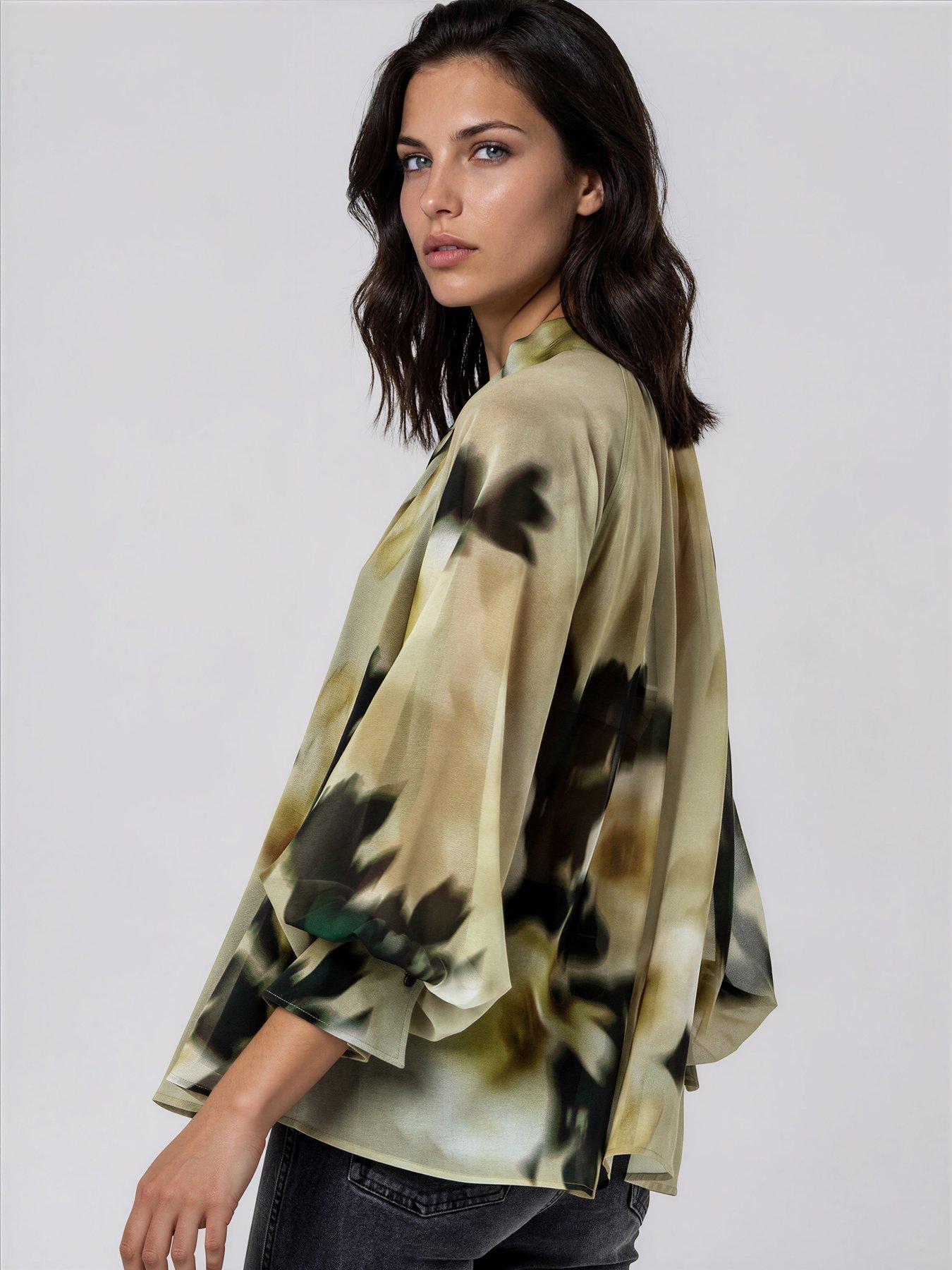 Image 2 of 7 of Religion Liv High Neck Button-Through&nbsp;Blouse With Tie Sash In Floral Blur Print - Yellow
