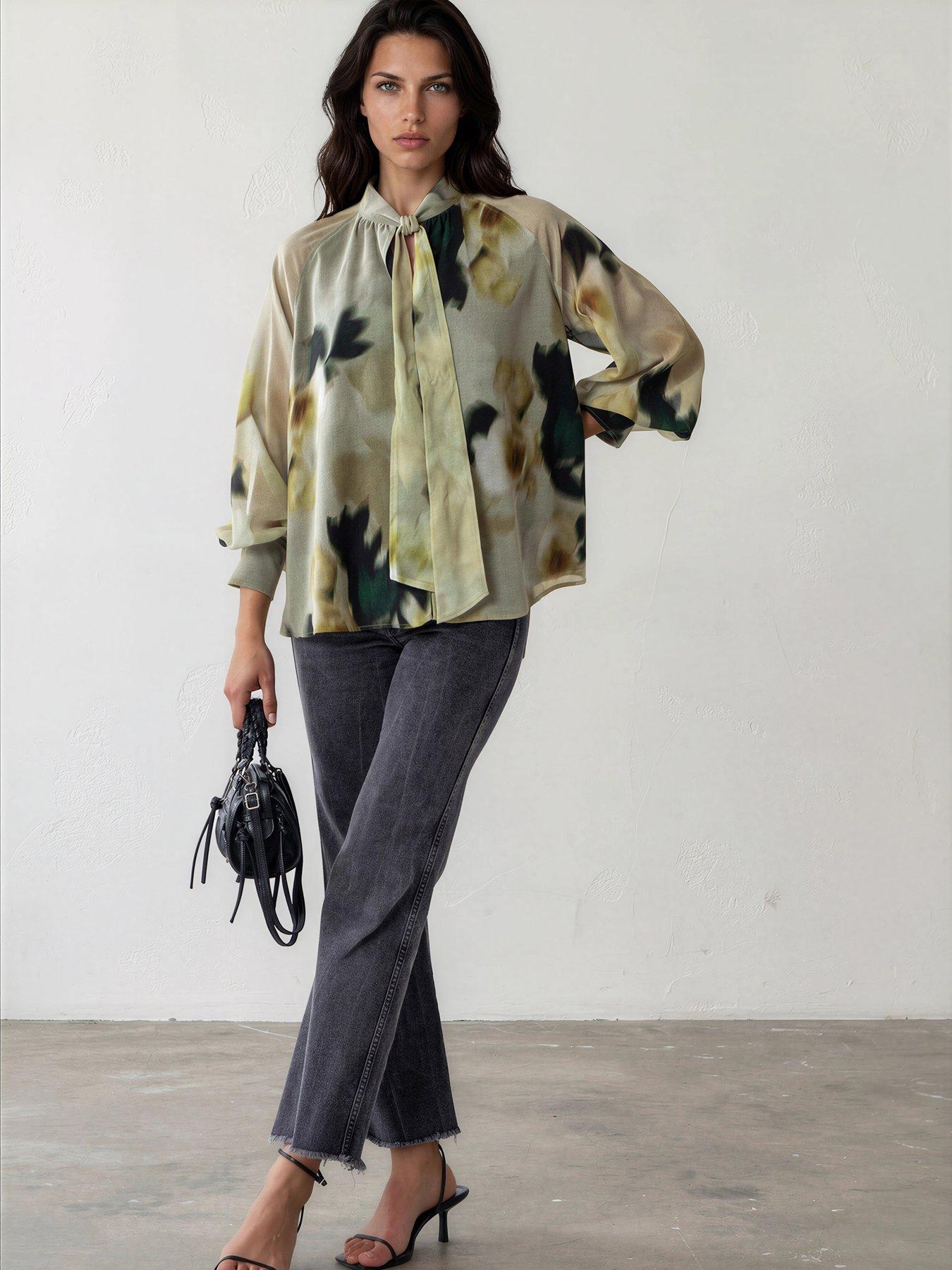 Image 3 of 7 of Religion Liv High Neck Button-Through&nbsp;Blouse With Tie Sash In Floral Blur Print - Yellow