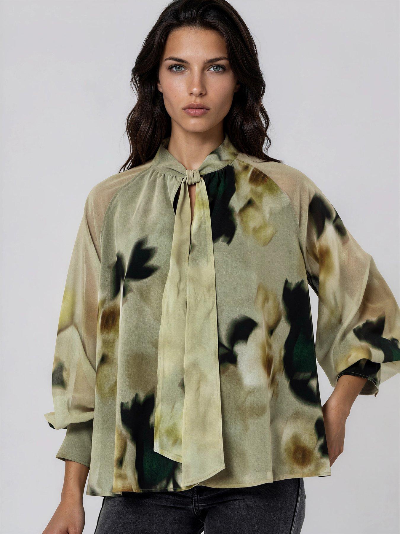 Image 4 of 7 of Religion Liv High Neck Button-Through&nbsp;Blouse With Tie Sash In Floral Blur Print - Yellow