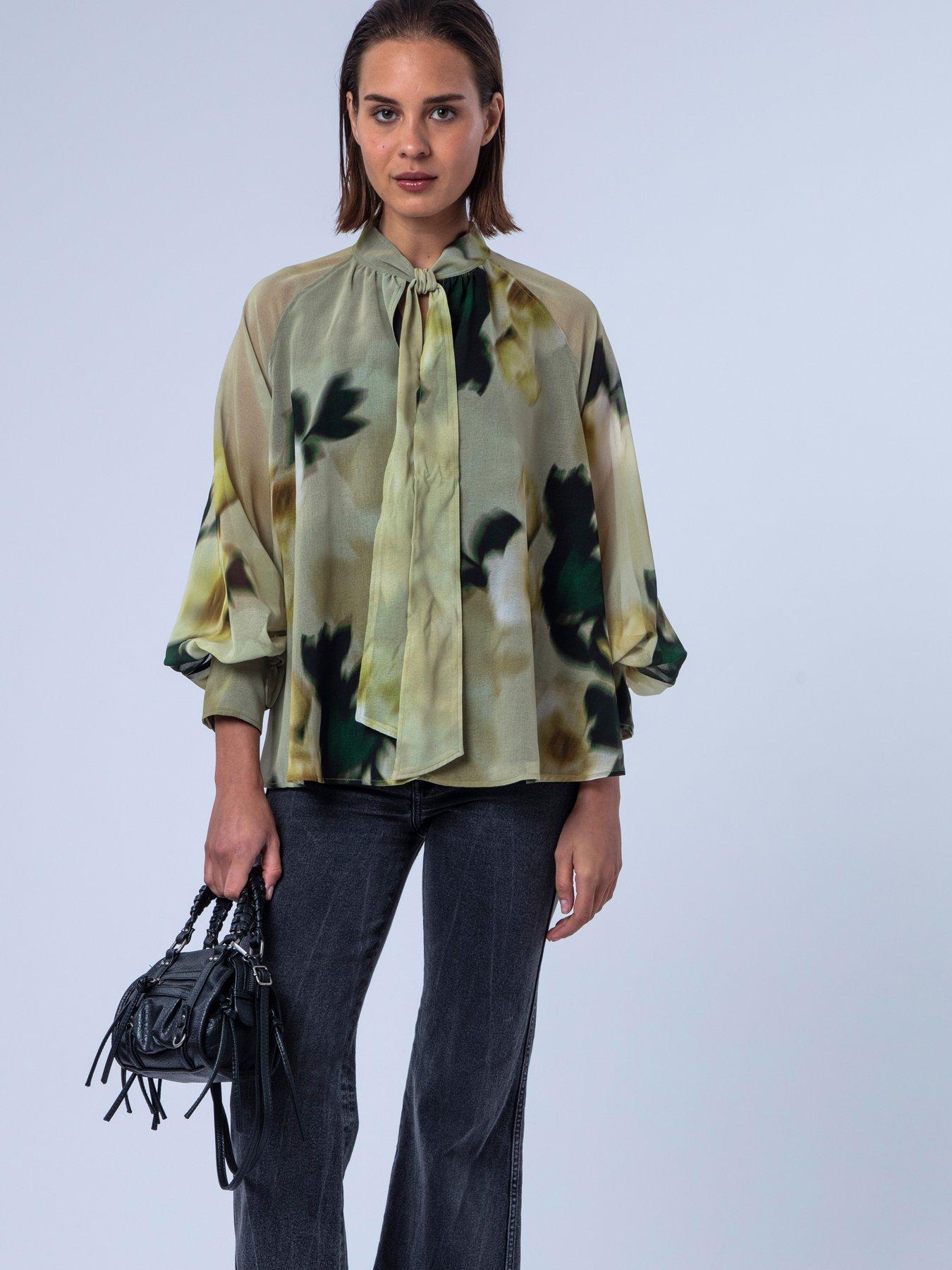 Image 6 of 7 of Religion Liv High Neck Button-Through&nbsp;Blouse With Tie Sash In Floral Blur Print - Yellow