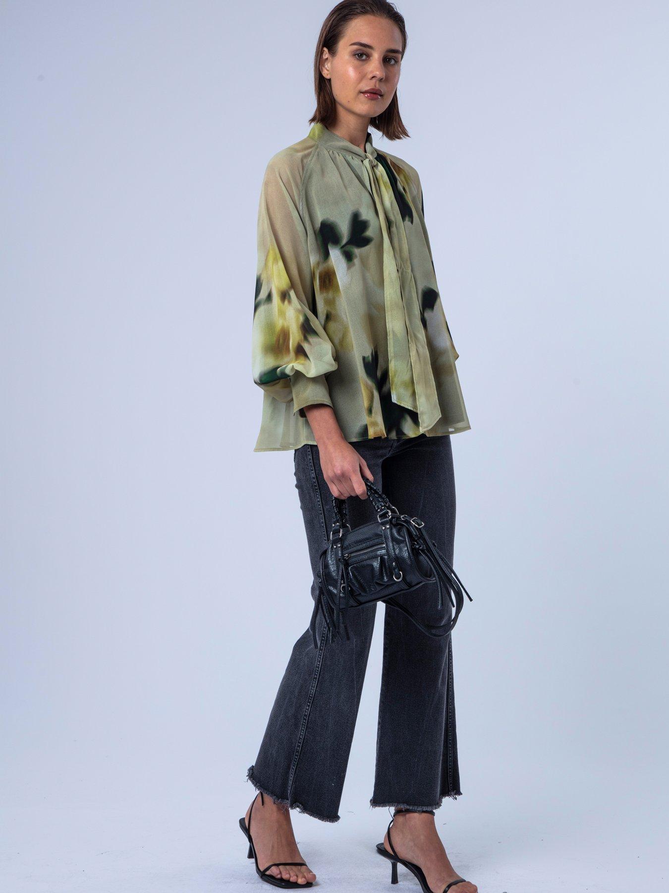 Image 7 of 7 of Religion Liv High Neck Button-Through&nbsp;Blouse With Tie Sash In Floral Blur Print - Yellow