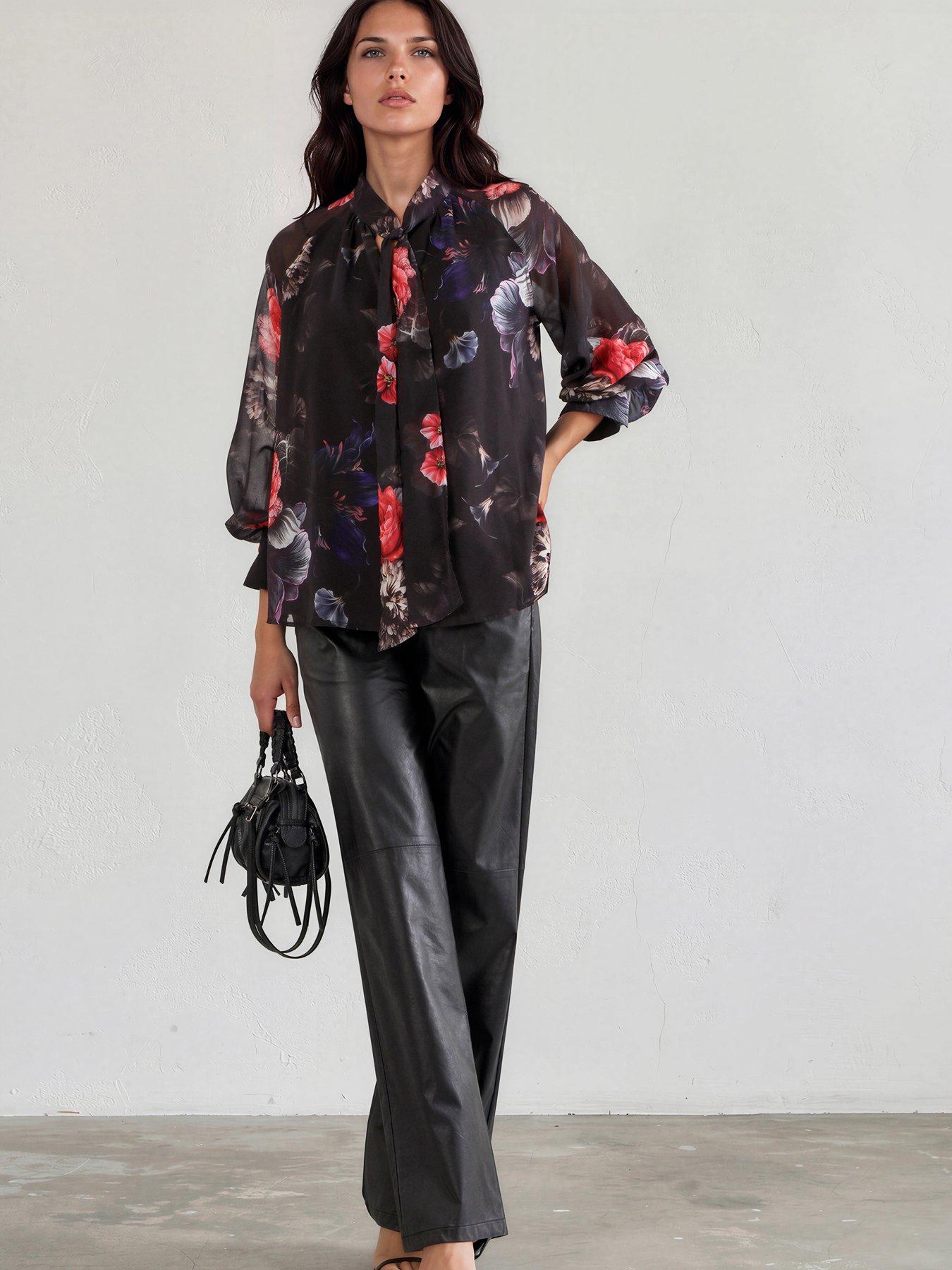 Image 3 of 7 of Religion Liv High Neck Button-Through&nbsp;Blouse With Tie Sash In Floral Red And Blue Print - Black