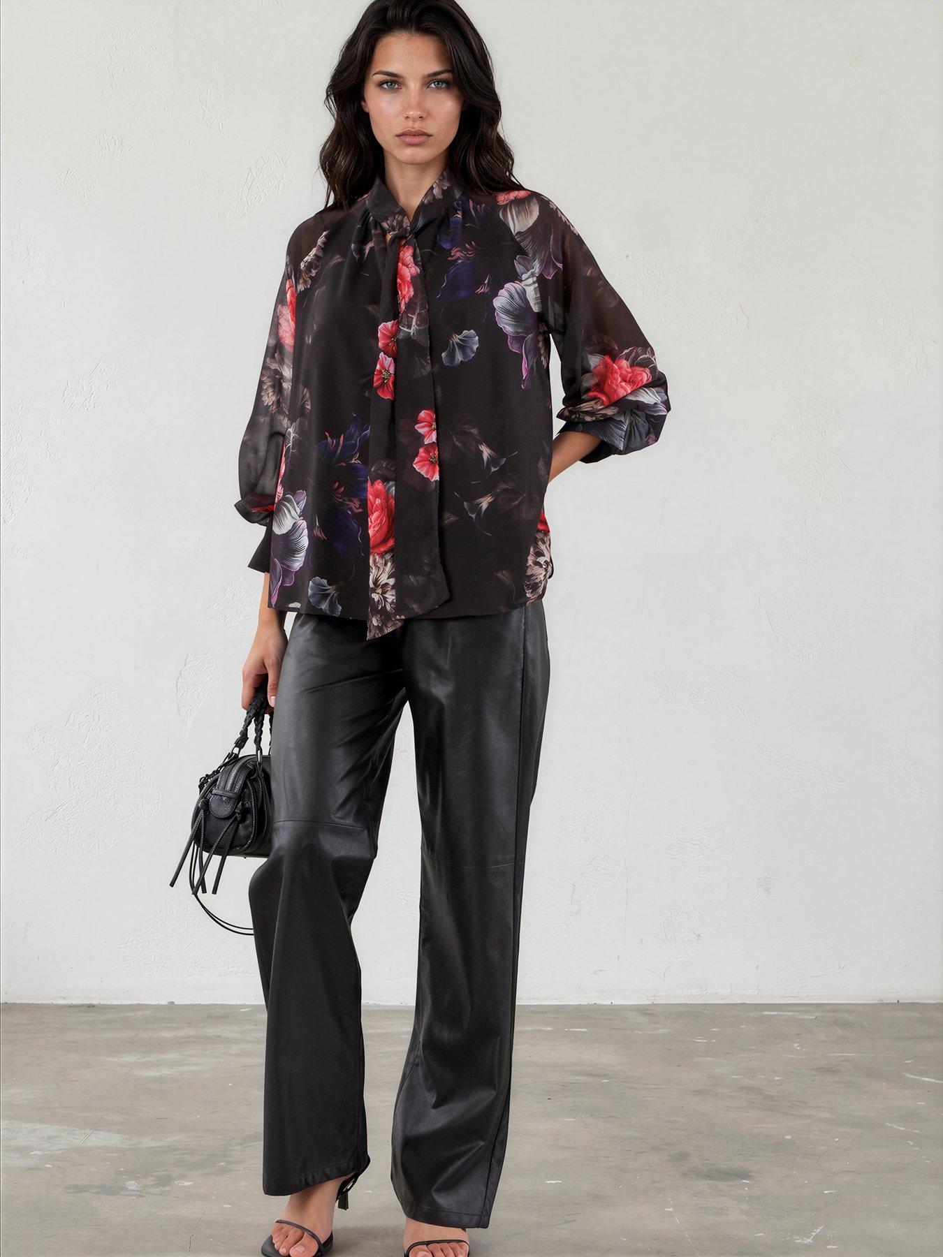 Image 4 of 7 of Religion Liv High Neck Button-Through&nbsp;Blouse With Tie Sash In Floral Red And Blue Print - Black