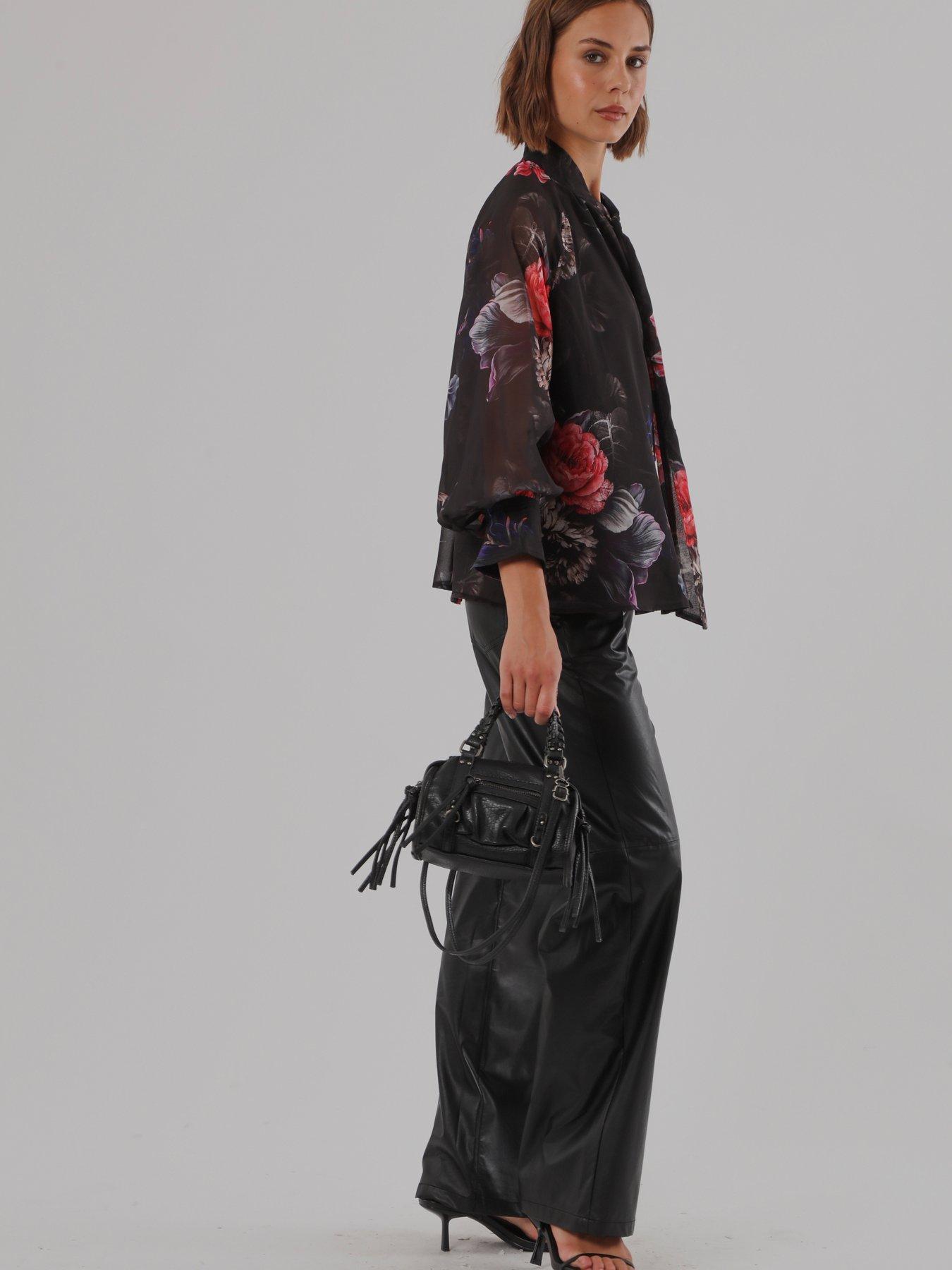 Image 7 of 7 of Religion Liv High Neck Button-Through&nbsp;Blouse With Tie Sash In Floral Red And Blue Print - Black