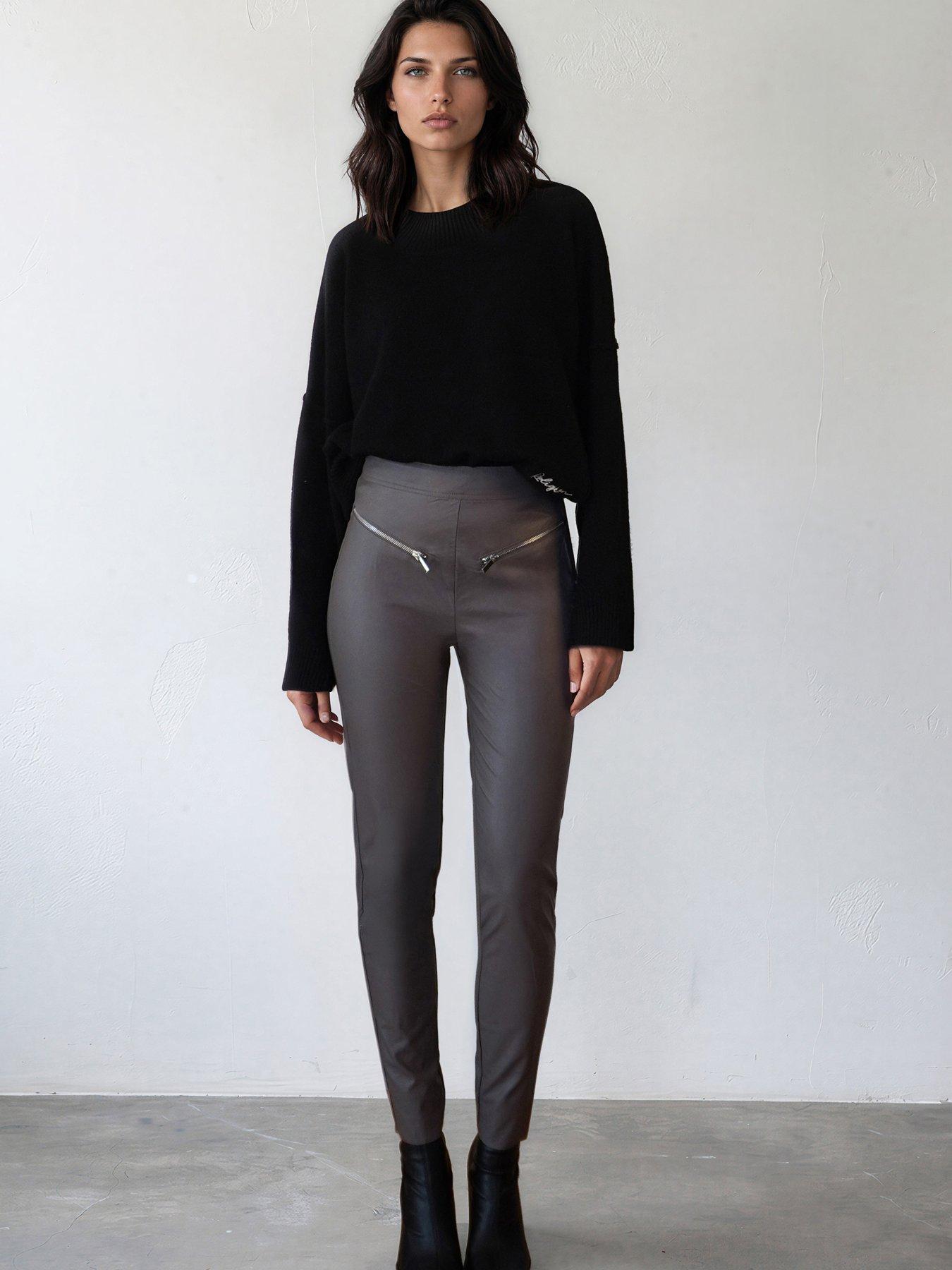 Image 1 of 7 of Religion Womens Ida Faux Leather Zip Detail Skinny Trousers - Grey