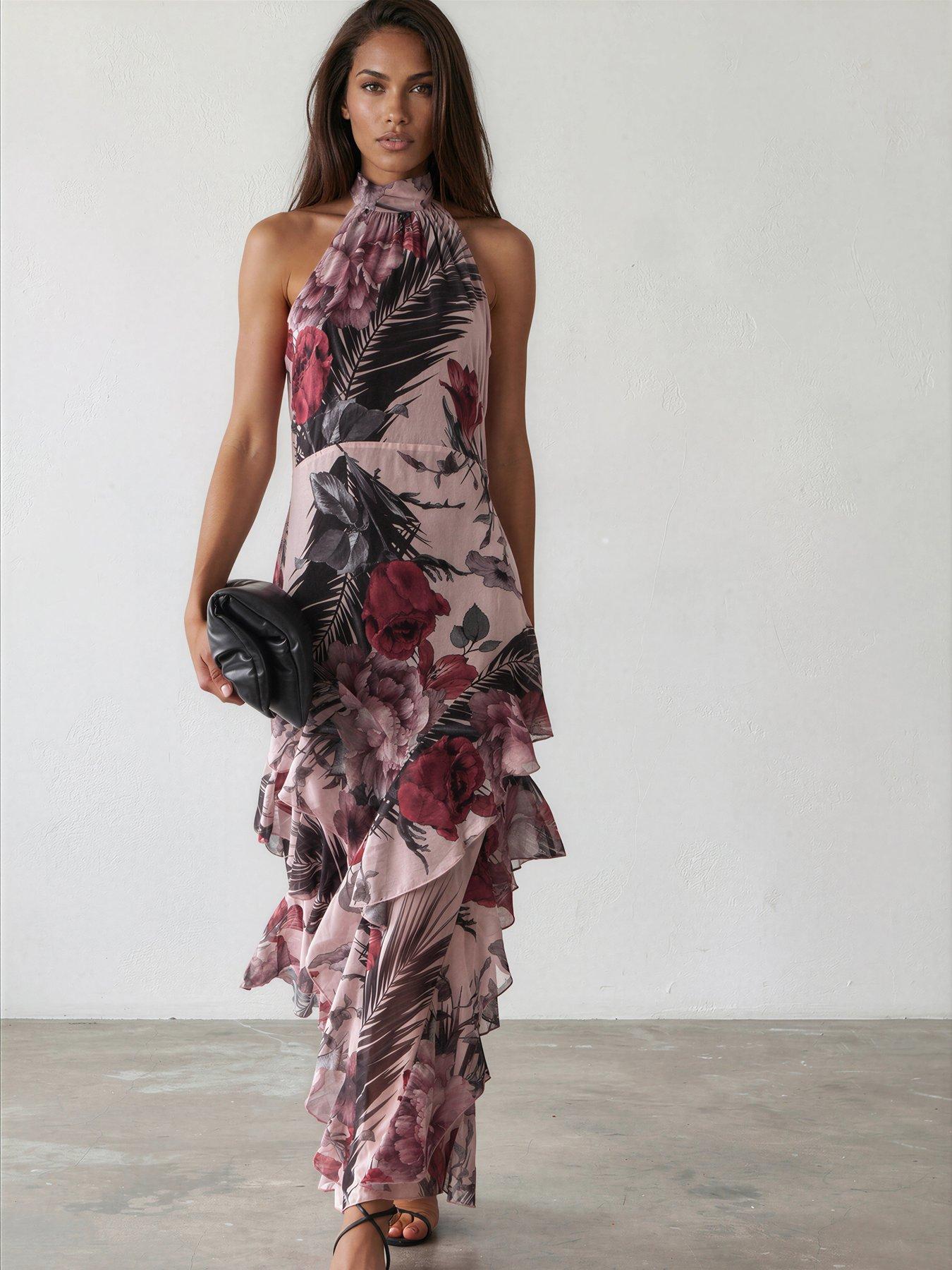 Religion Taylor Halterneck Maxi Dress In Floral Camellia Soft Pink Print