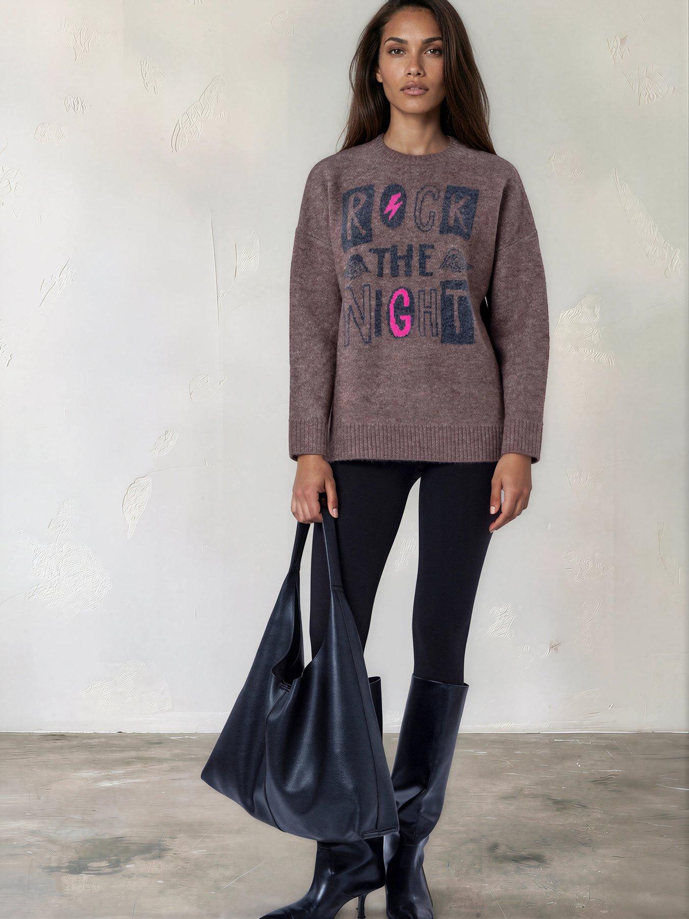 Image 4 of 7 of Religion Rock The Night Slogan Design Jacquard Jumper - Taupe