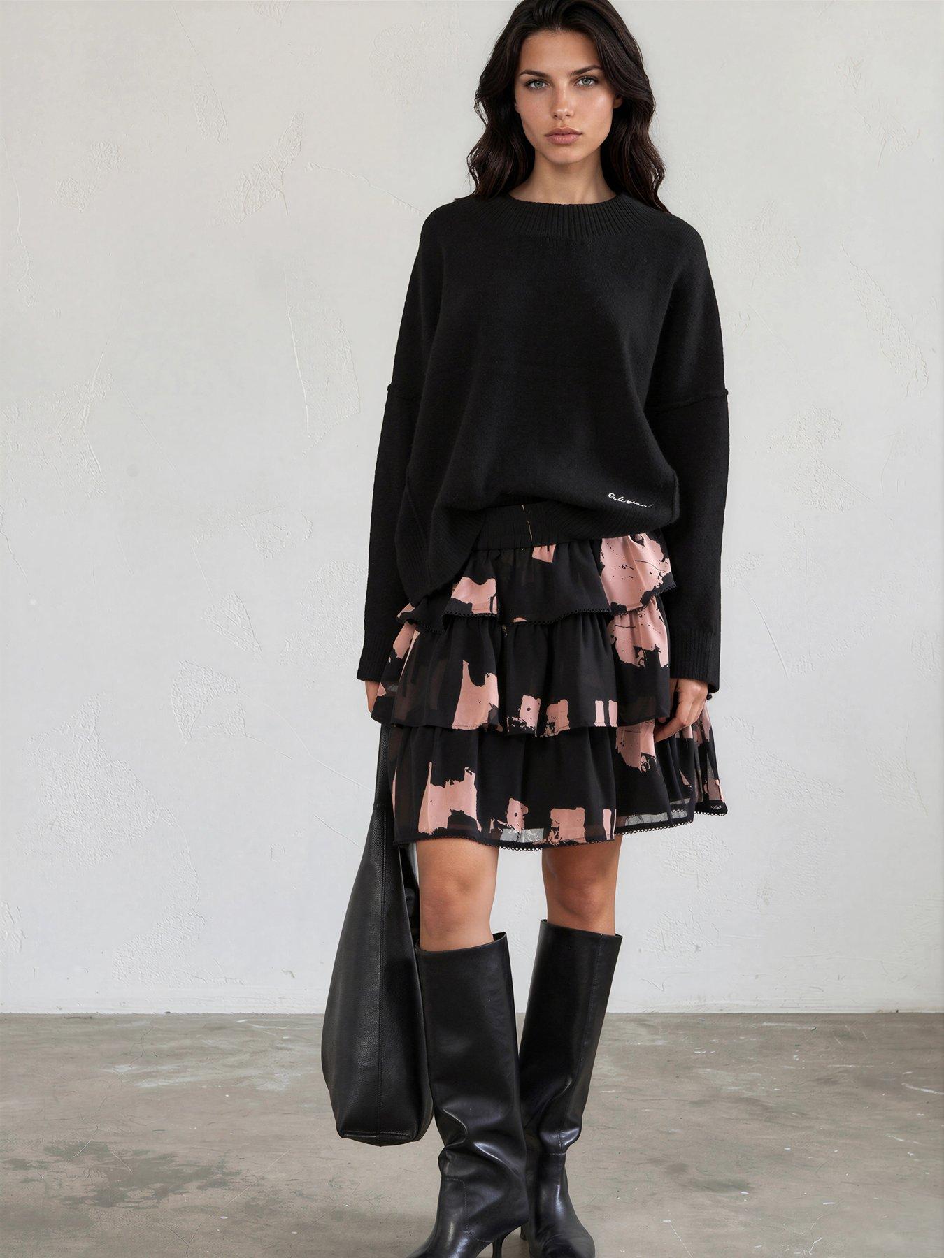 Religion Corinne Tiered Mini Skirt In Abstract Facade Print With Lace Trim