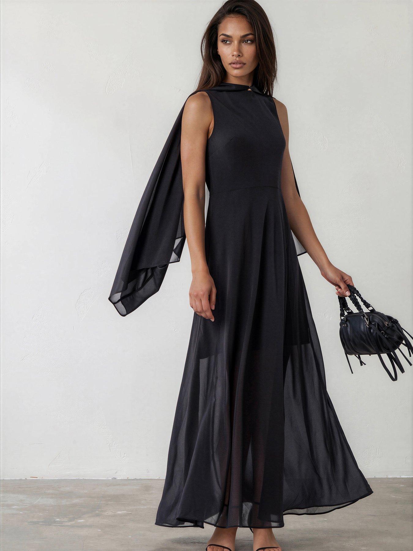 Religion Detachable Cape Maesie Maxi Dress With Tassle Ties - Black