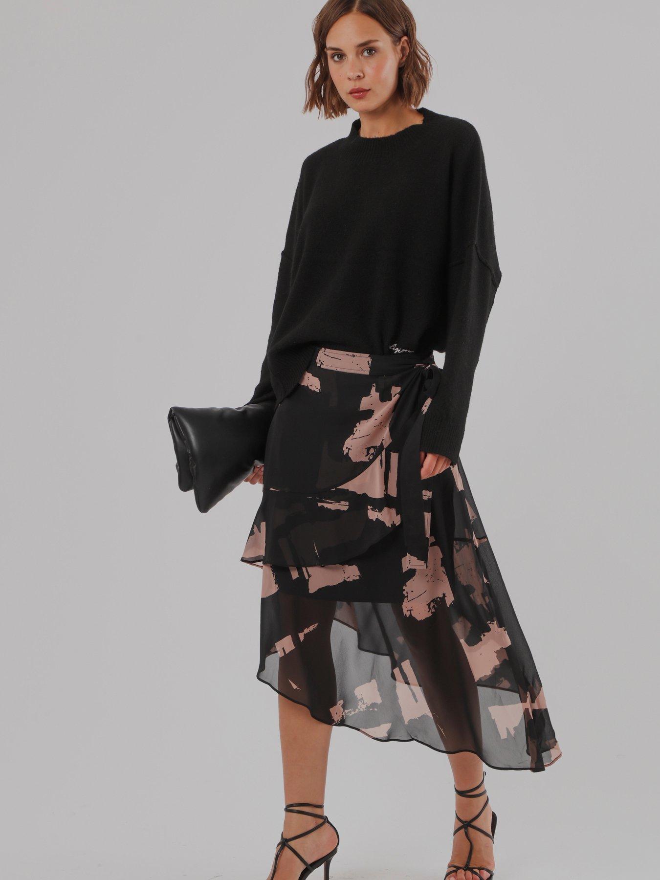 Religion Women's Abstract Print Asymmetric Wrap Midi Skirt - Black