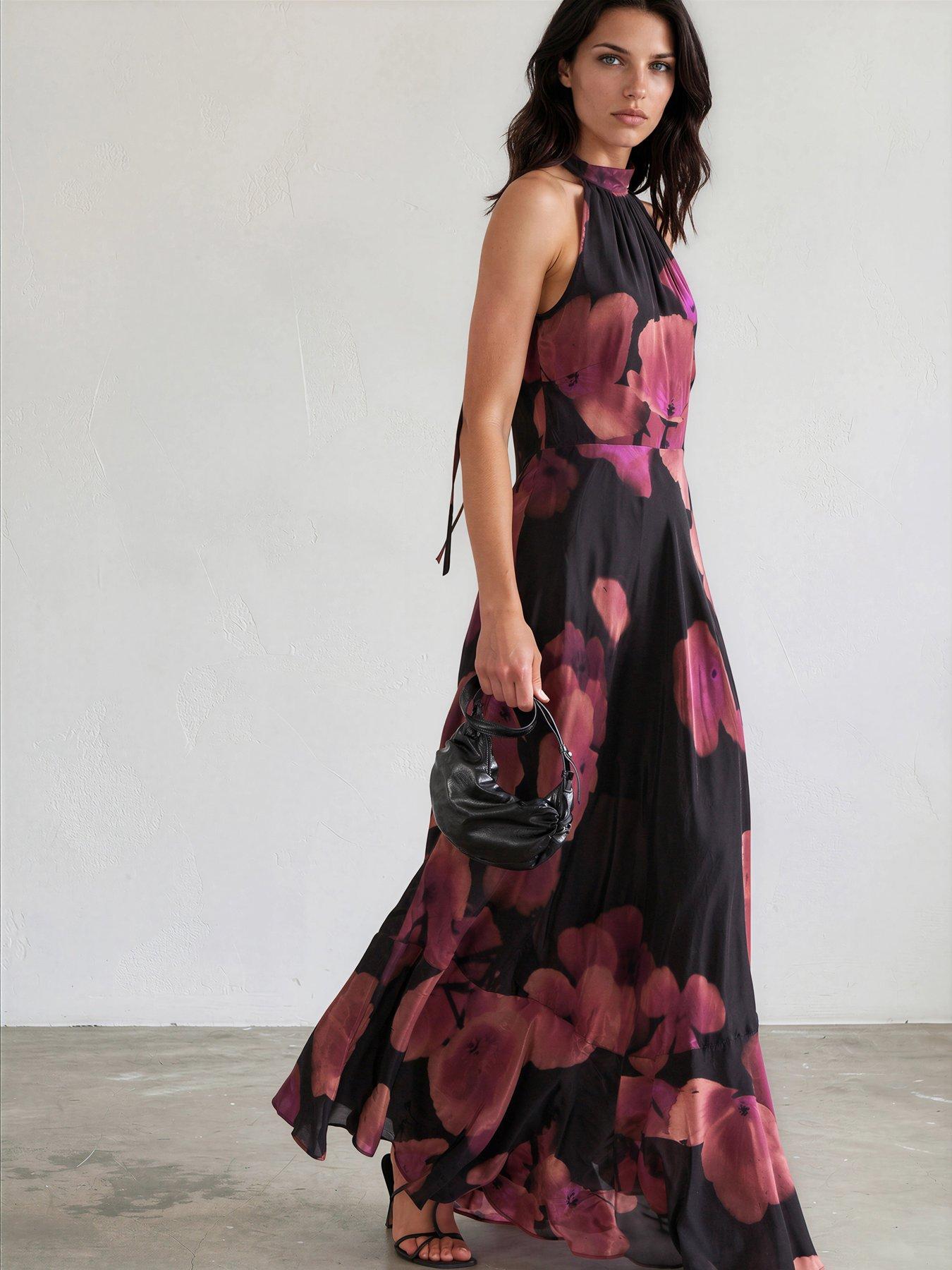 Religion Valeria Maxi Halterneck Dress In Floral Fire Print In Pinks - Pink
