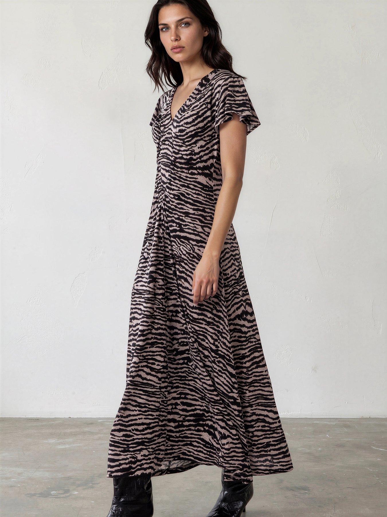 Religion Eden Maxi Dress In Zebra Print With Gathered V-Neck Detail - Brown