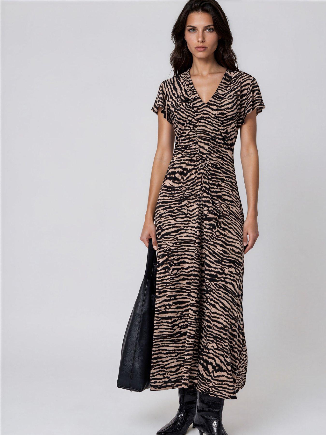 Image 4 of 6 of Religion Eden Maxi Dress In Zebra Print With Gathered V-Neck Detail - Brown