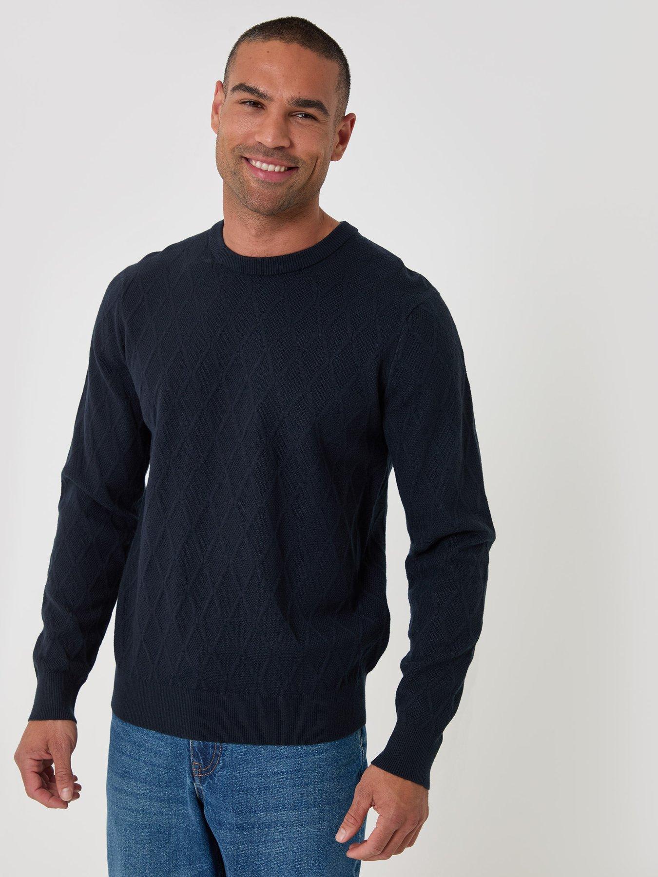 Image 1 of 4 of Threadbare Mens Diamond-Textured Crew Neck Jumper - Navy