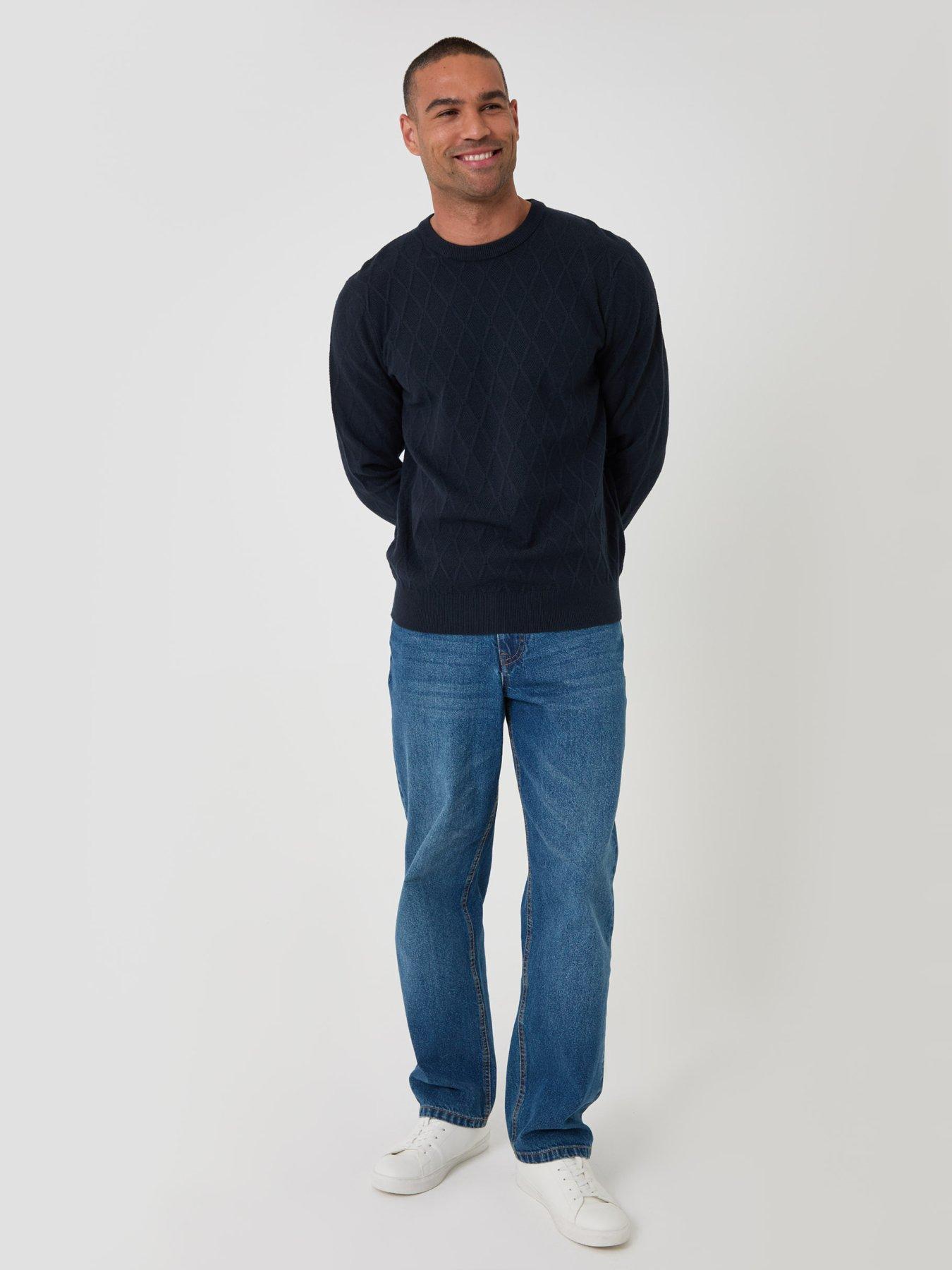 Image 3 of 4 of Threadbare Mens Diamond-Textured Crew Neck Jumper - Navy