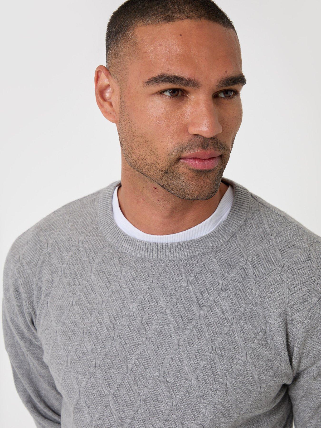 Image 4 of 4 of Threadbare Mens Diamond Textured Crew Neck Jumper - Grey