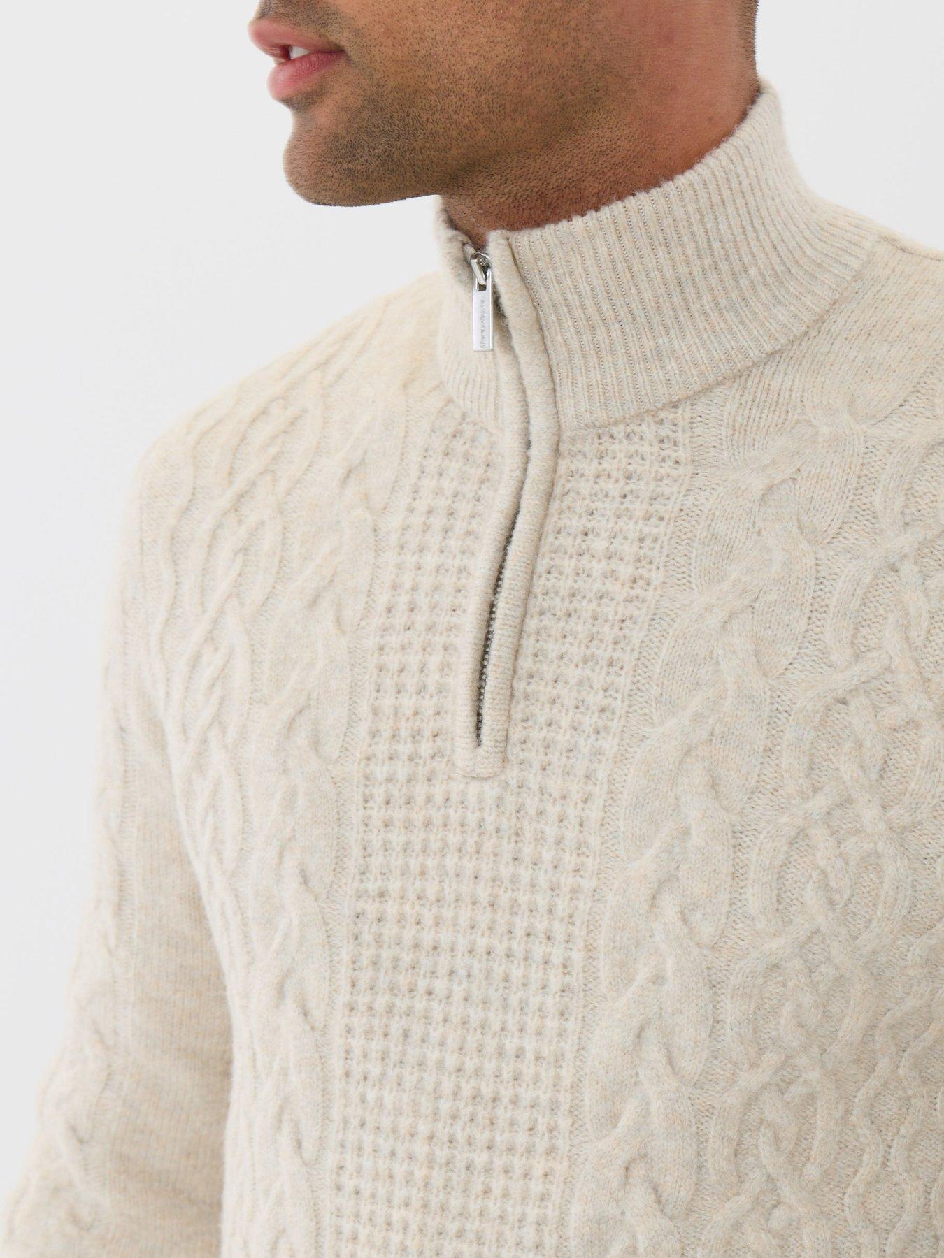 Image 4 of 5 of Threadbare Mens Cable Knit Quarter Zip Jumper - Cream