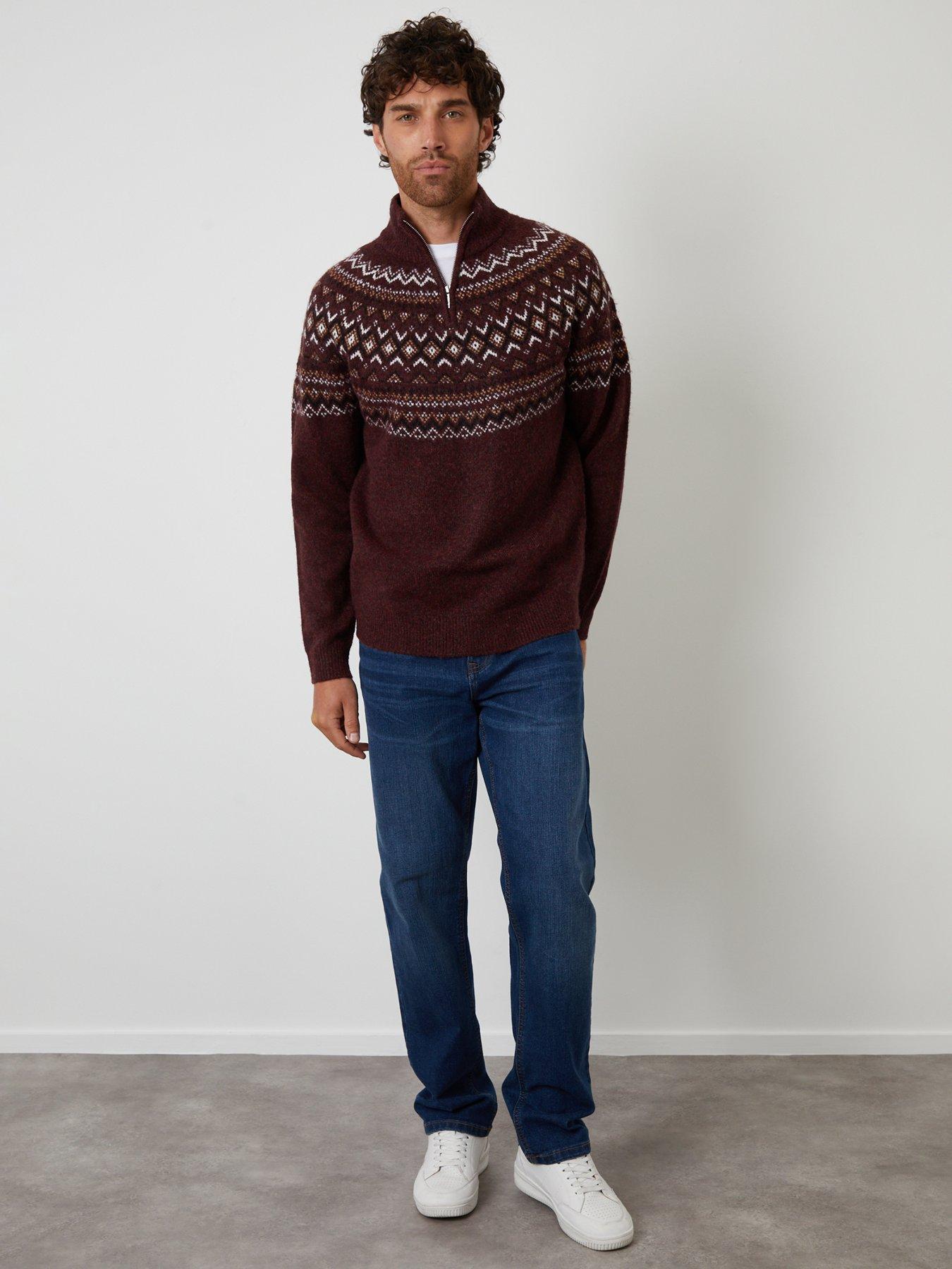 Image 3 of 4 of Threadbare Threadbare Mens Fairisle Half-Zip Jacquard Christmas Jumper - Burgundy