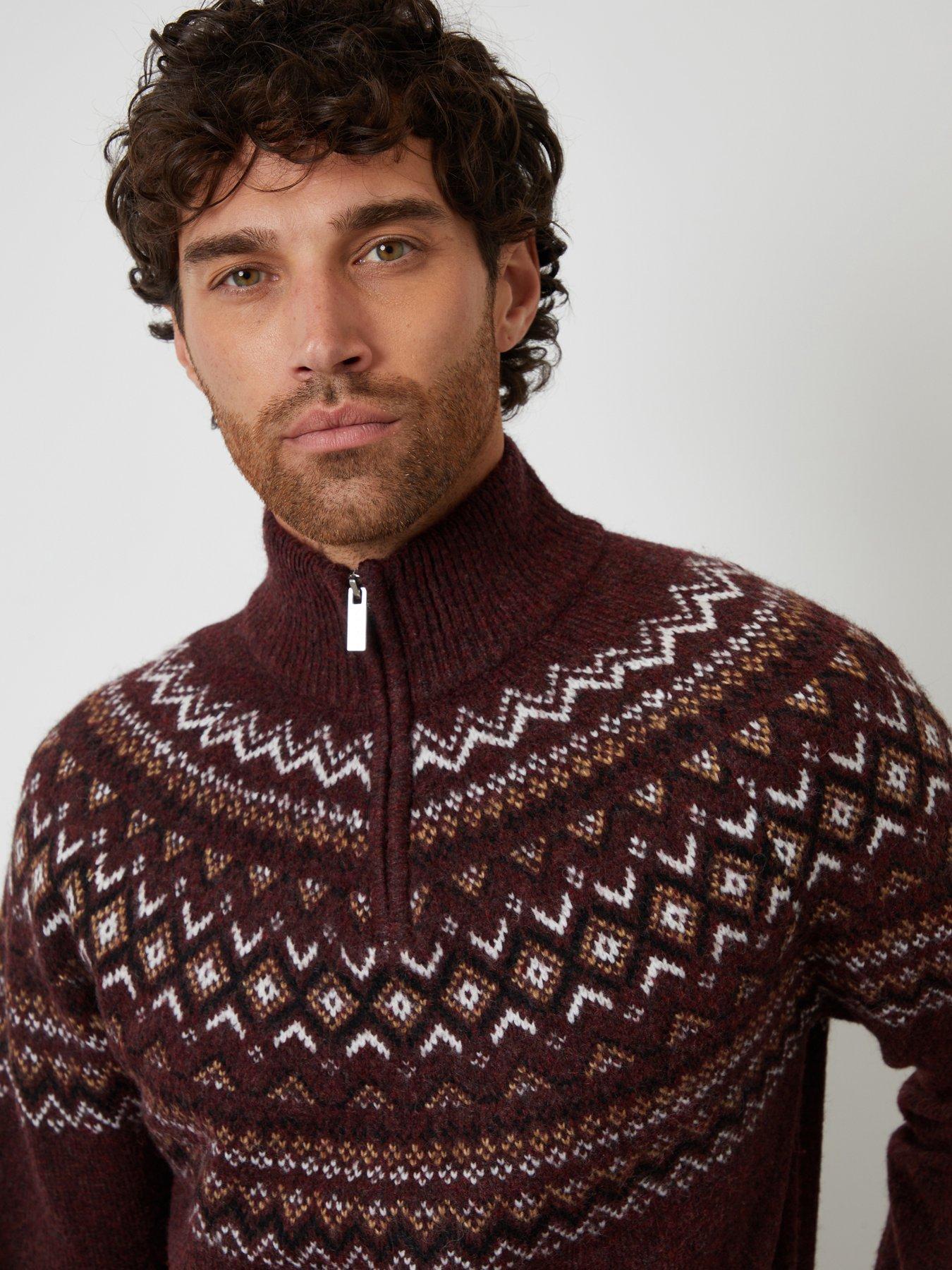 Image 4 of 4 of Threadbare Threadbare Mens Fairisle Half-Zip Jacquard Christmas Jumper - Burgundy