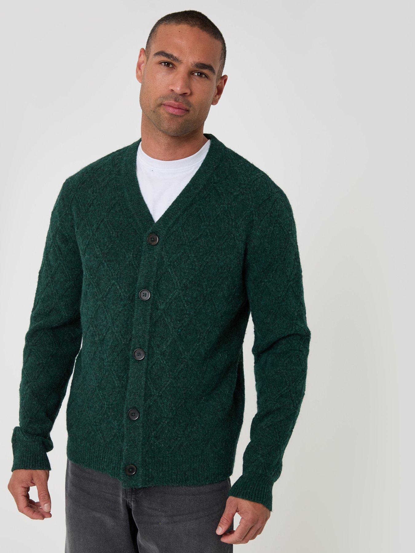 Image 1 of 5 of Threadbare Mens Diamond Cable V-Neck Button Cardigan - Green