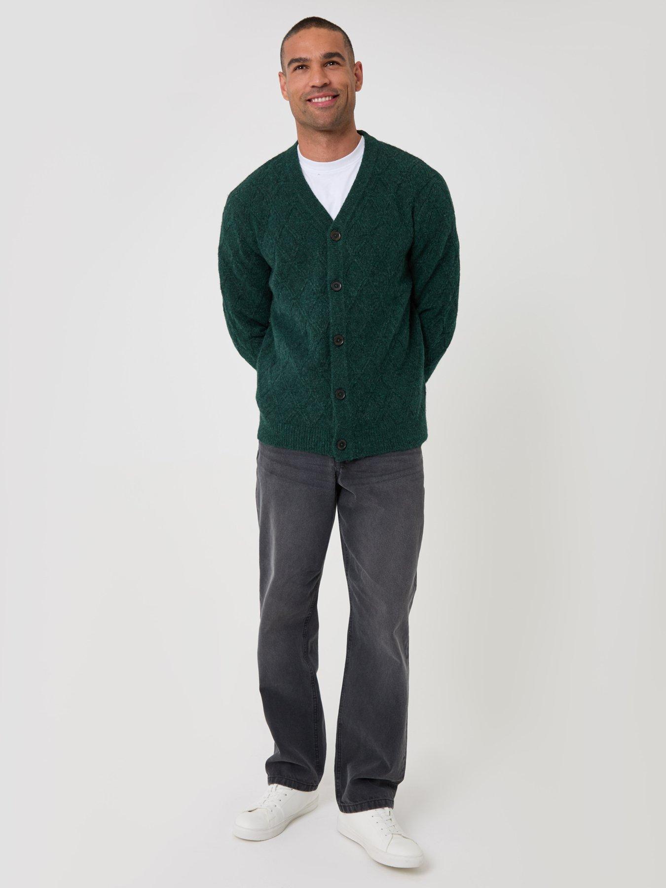 Image 3 of 5 of Threadbare Mens Diamond Cable V-Neck Button Cardigan - Green
