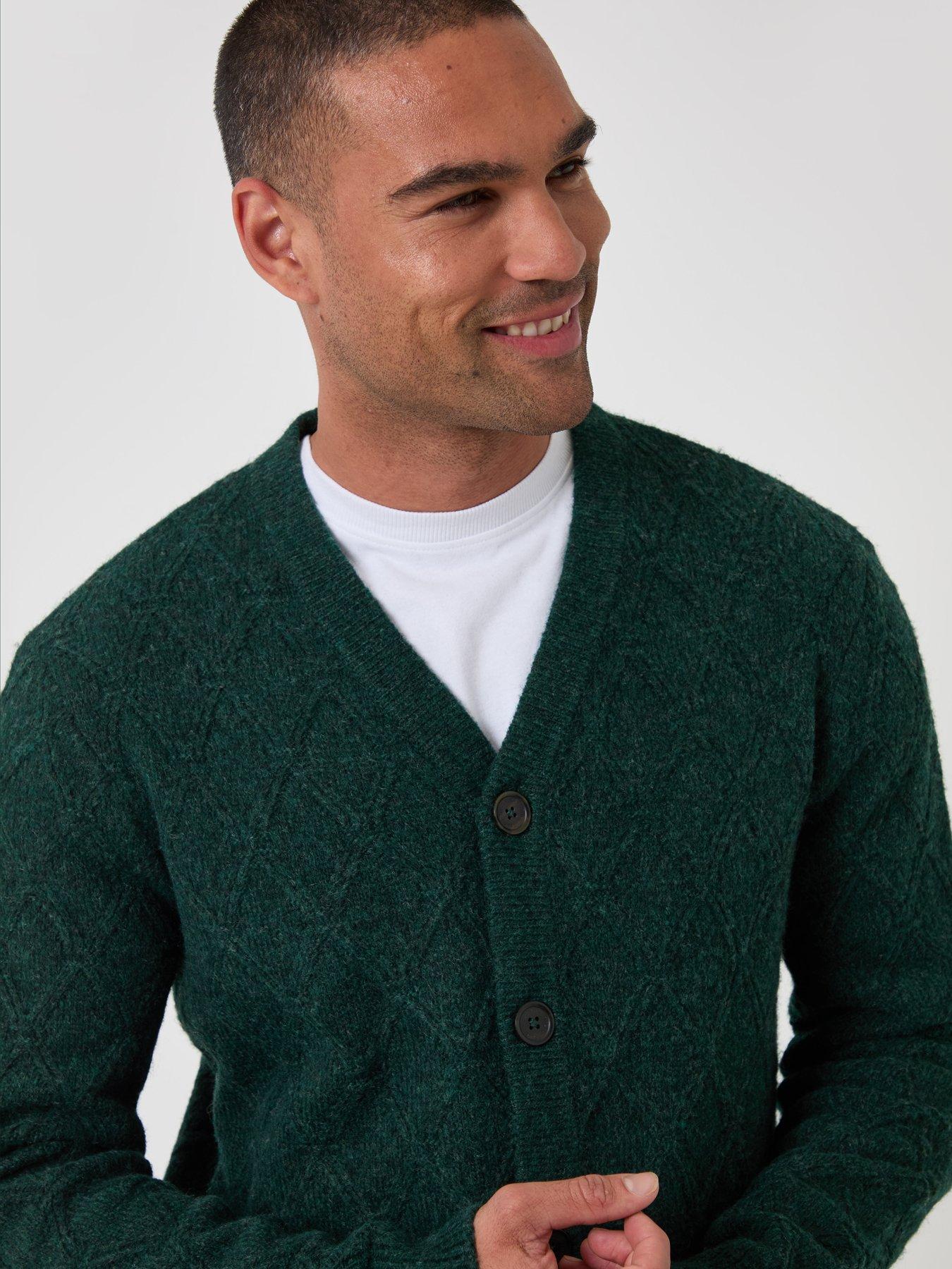 Image 4 of 5 of Threadbare Mens Diamond Cable V-Neck Button Cardigan - Green