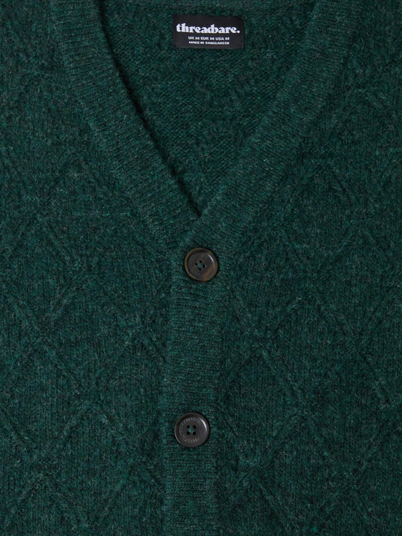 Image 5 of 5 of Threadbare Mens Diamond Cable V-Neck Button Cardigan - Green