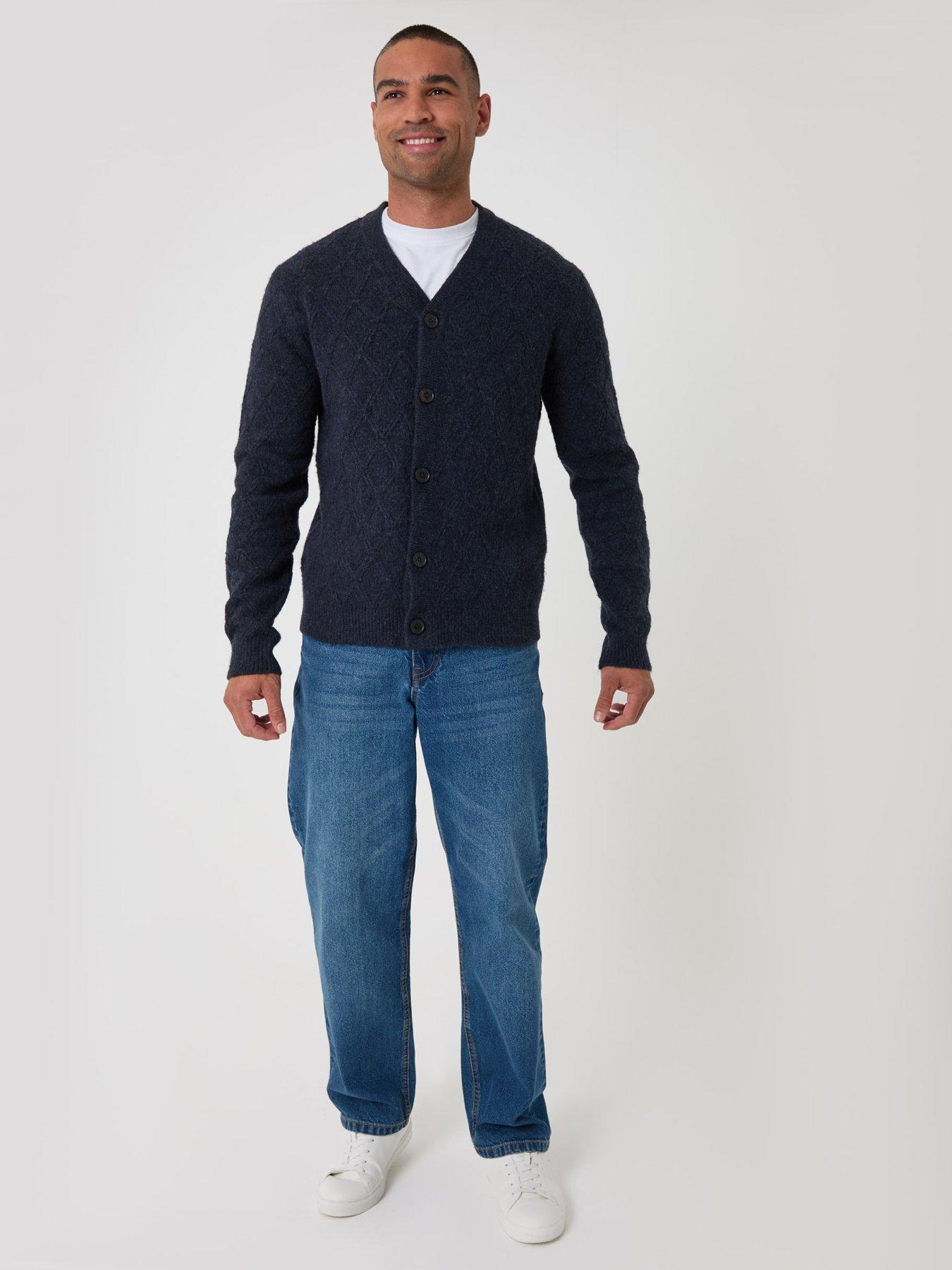 Image 3 of 5 of Threadbare Mens Diamond Cable Knit V Neck Cardigan - Navy
