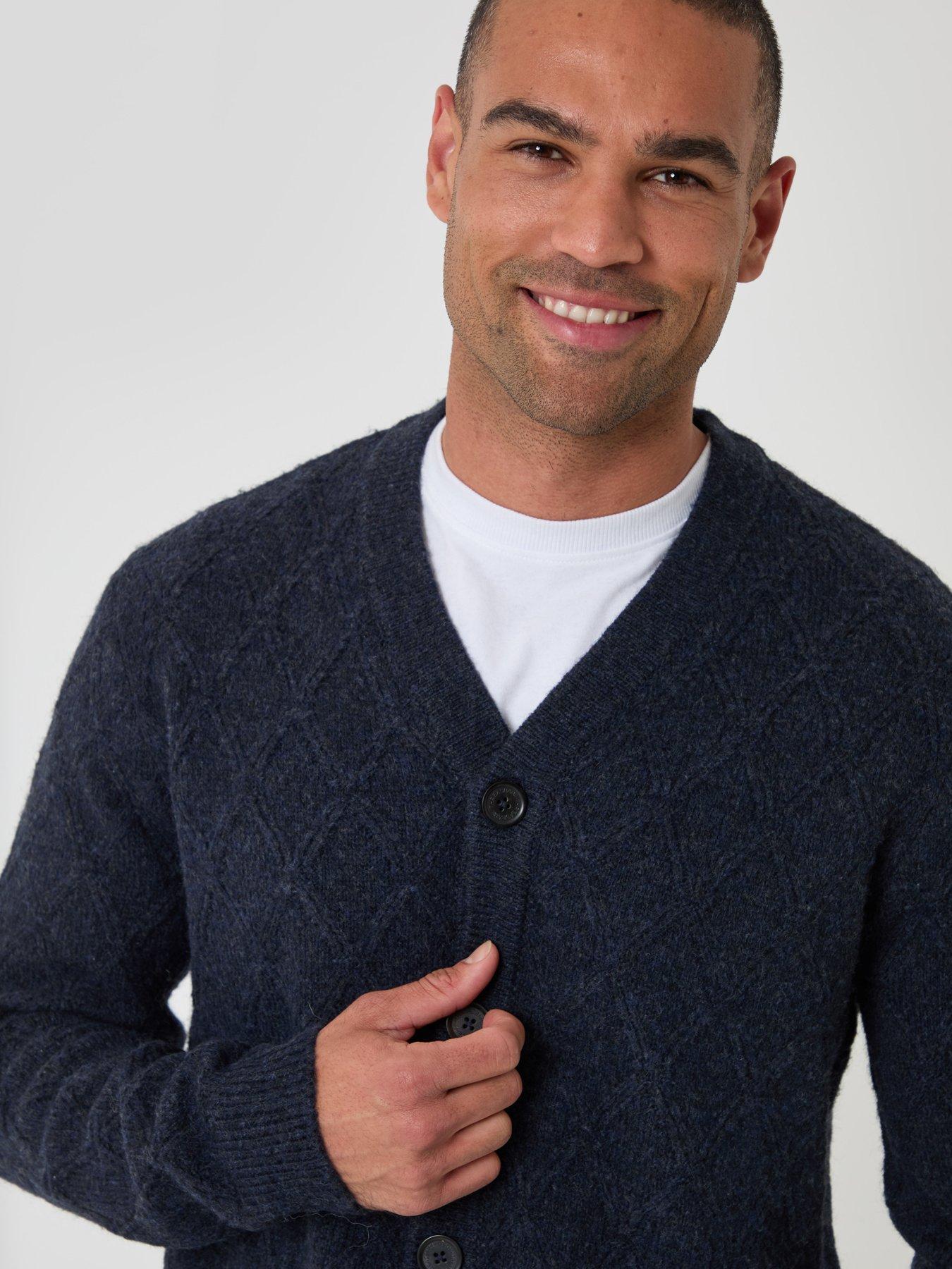 Image 4 of 5 of Threadbare Mens Diamond Cable Knit V Neck Cardigan - Navy