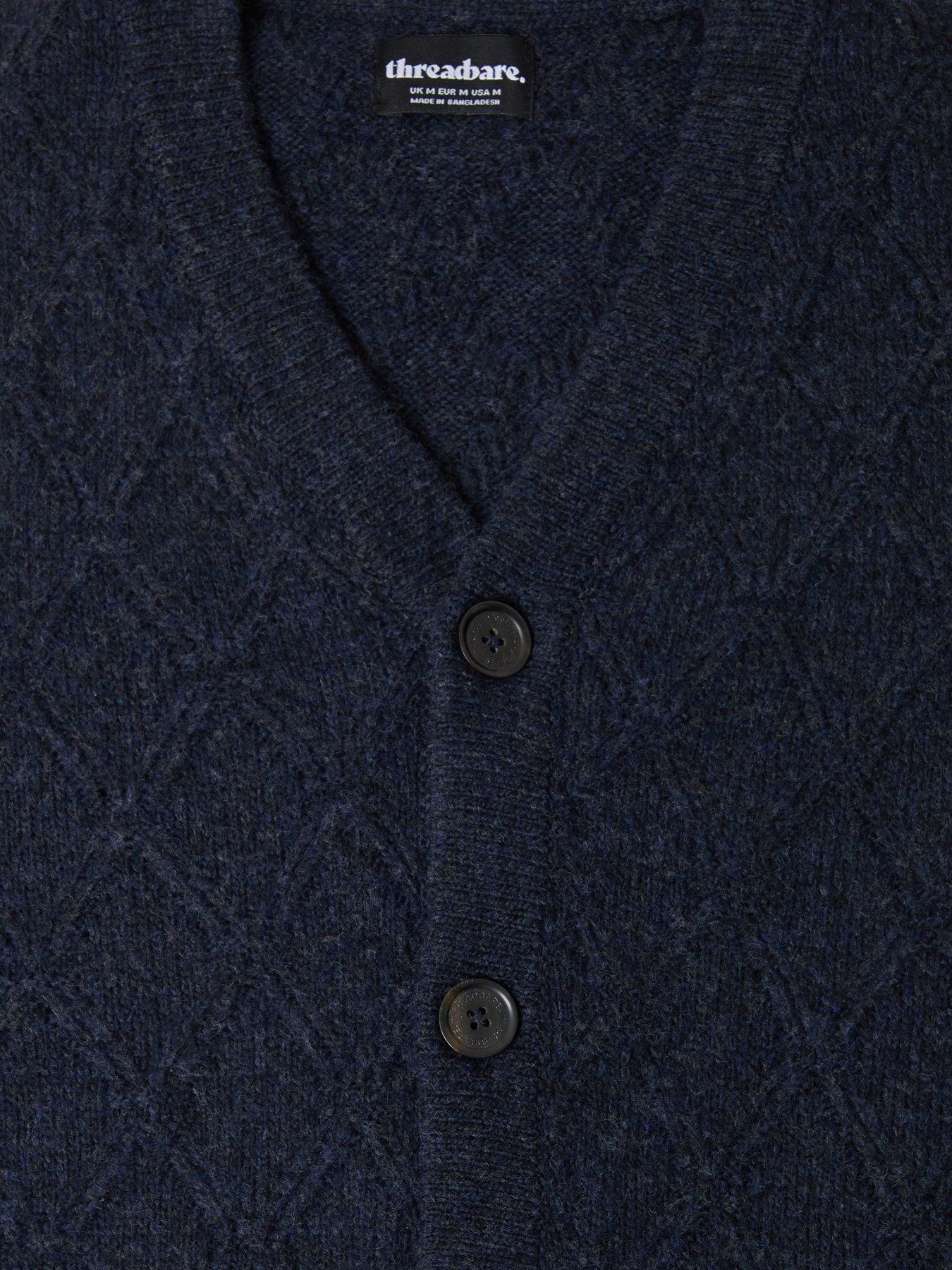 Image 5 of 5 of Threadbare Mens Diamond Cable Knit V Neck Cardigan - Navy