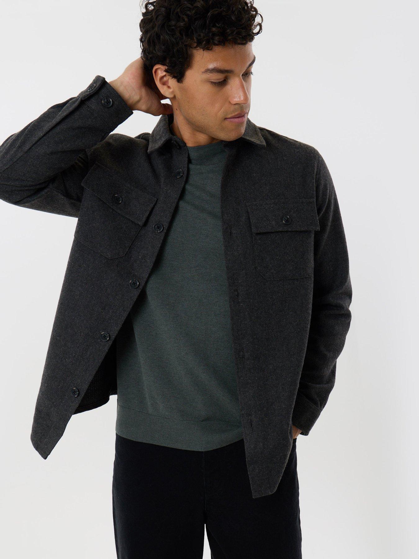Image 1 of 5 of Threadbare Mens Herringbone Button-Through Shacket - Black