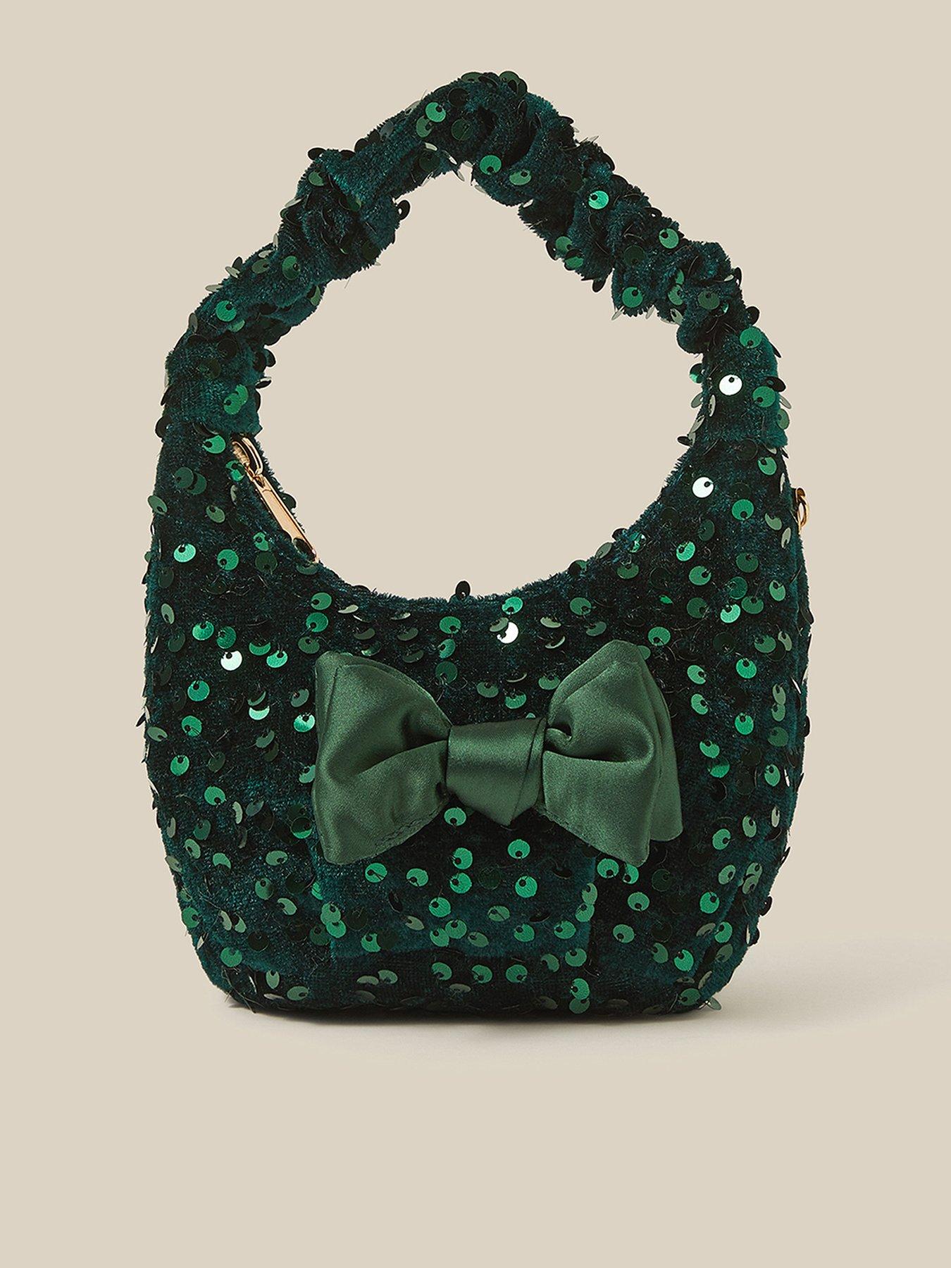 Image 1 of 4 of Monsoon Girls Sequin Velvet Bow Slouch Bag - Green
