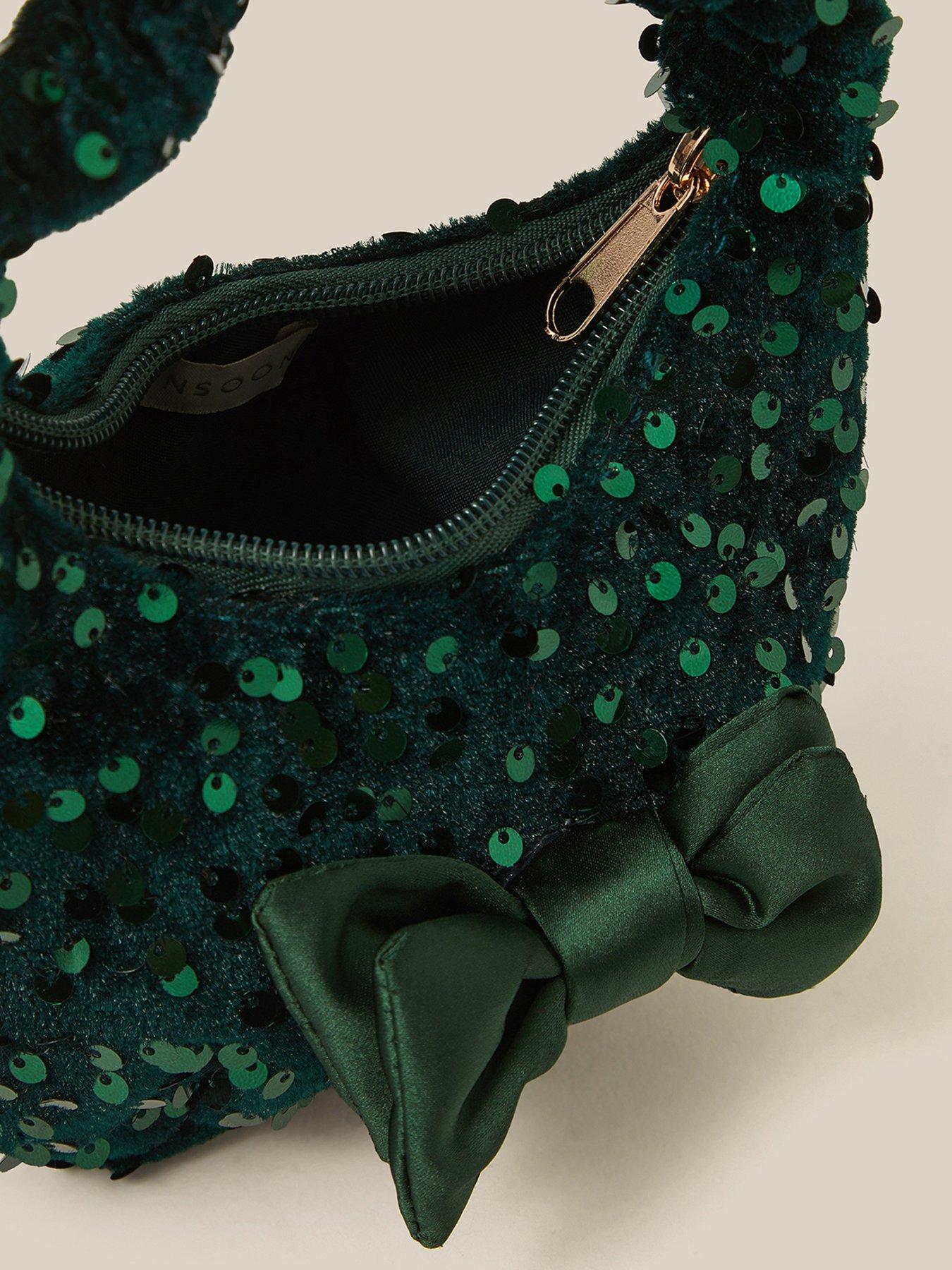 Image 3 of 4 of Monsoon Girls Sequin Velvet Bow Slouch Bag - Green
