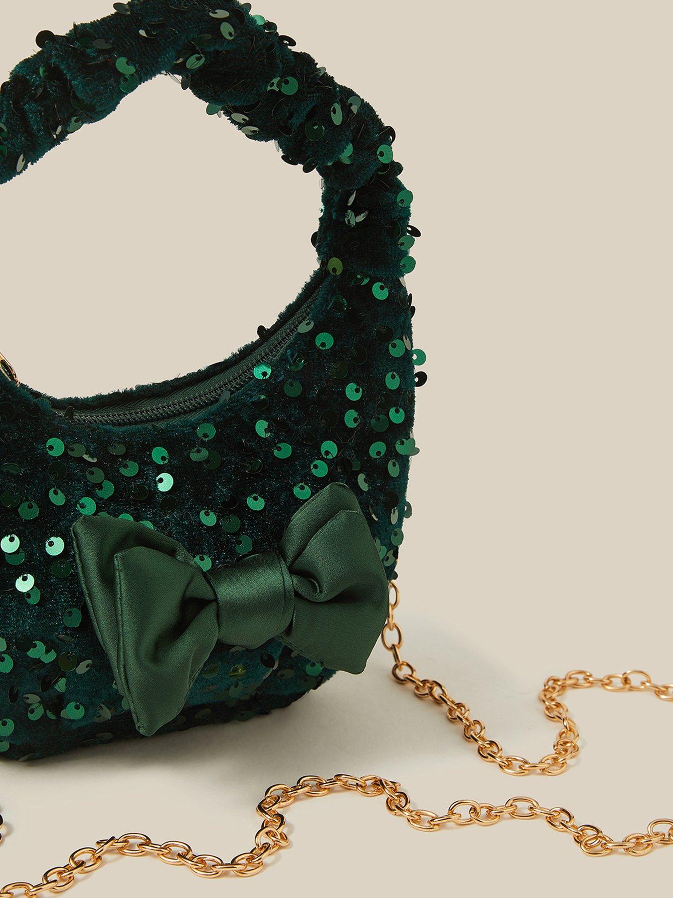 Image 4 of 4 of Monsoon Girls Sequin Velvet Bow Slouch Bag - Green