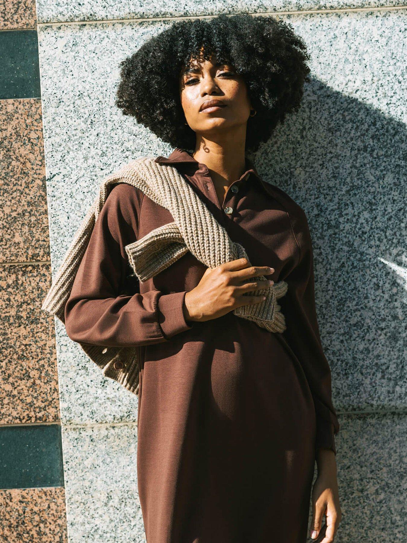 Roman Buttoned Collar Midi Dress, Brown, Size 16, Women