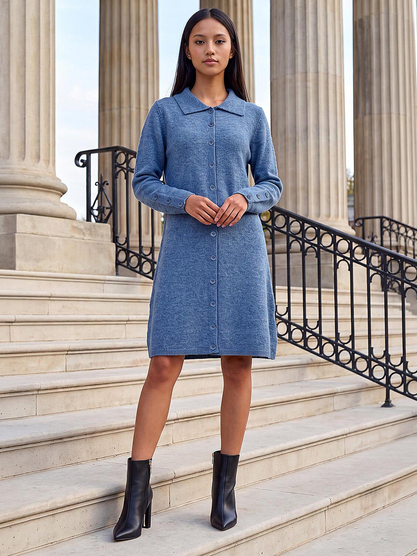 Image 1 of 4 of Roman Petite Collared Knit Shift Dress