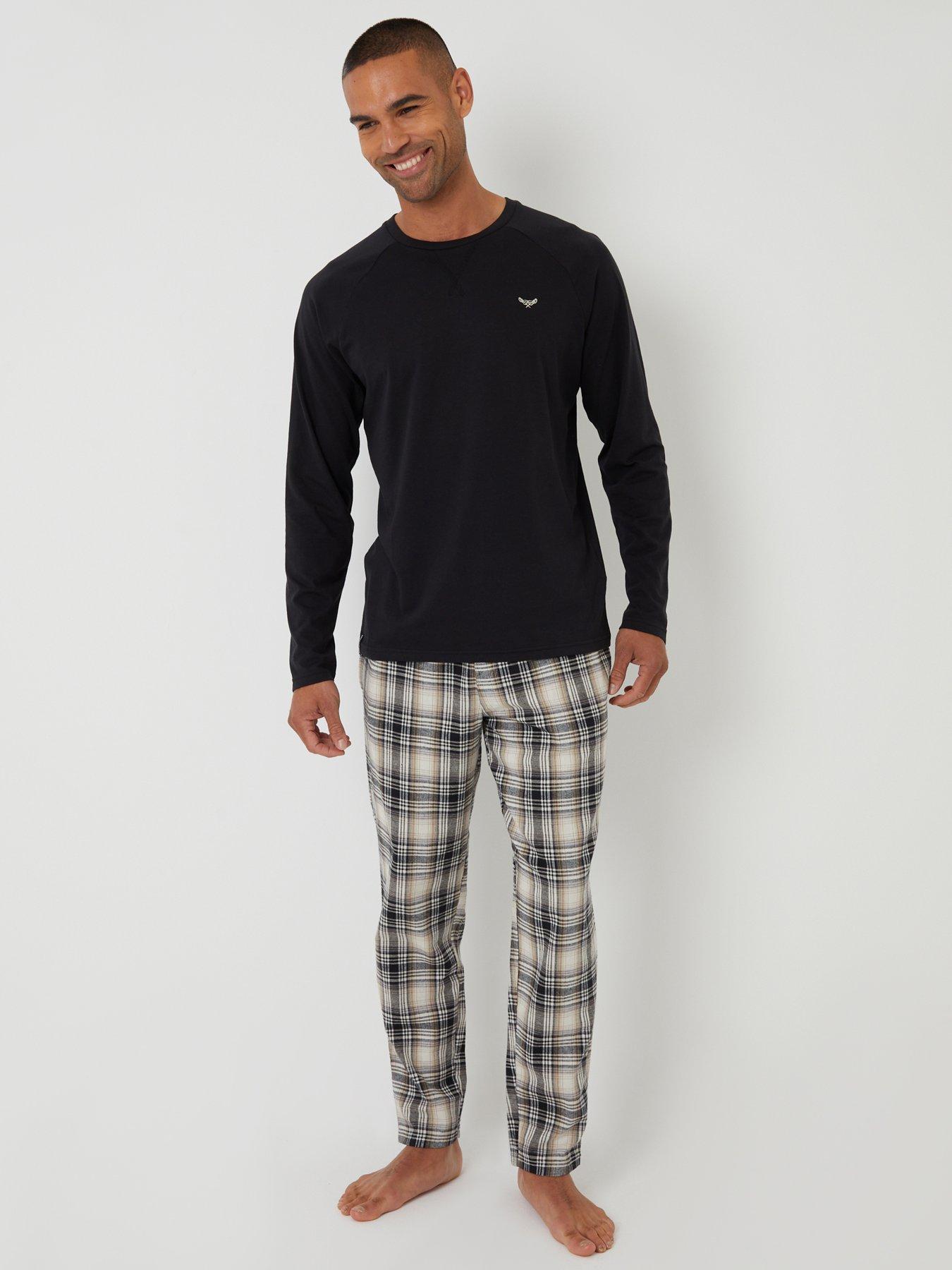 Image 3 of 4 of Threadbare Mens Long Sleeve 2 Piece Pyjama Set - Ecru Check