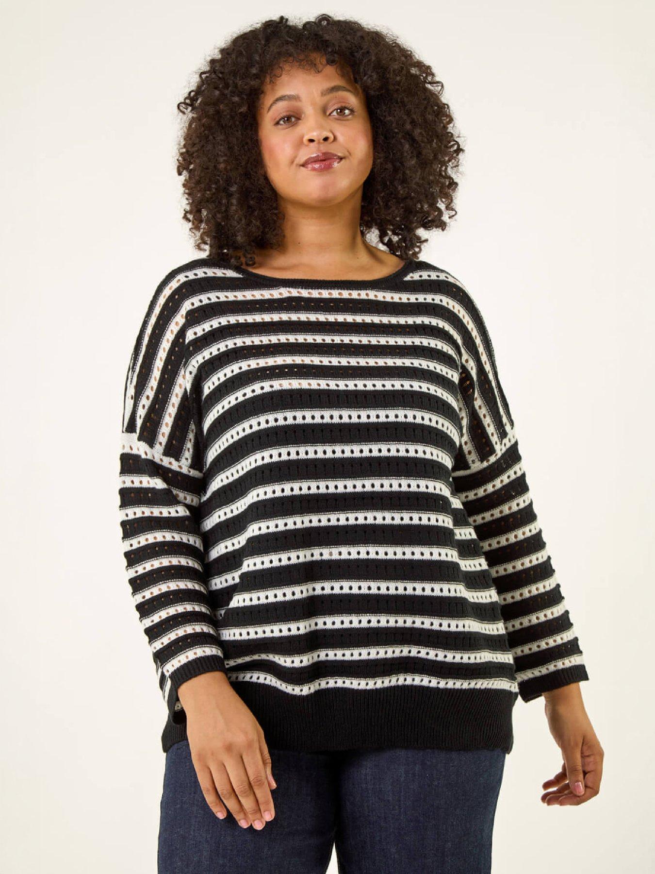 Roman Curve Crochet Stripe Knit, Black, Size 16, Women