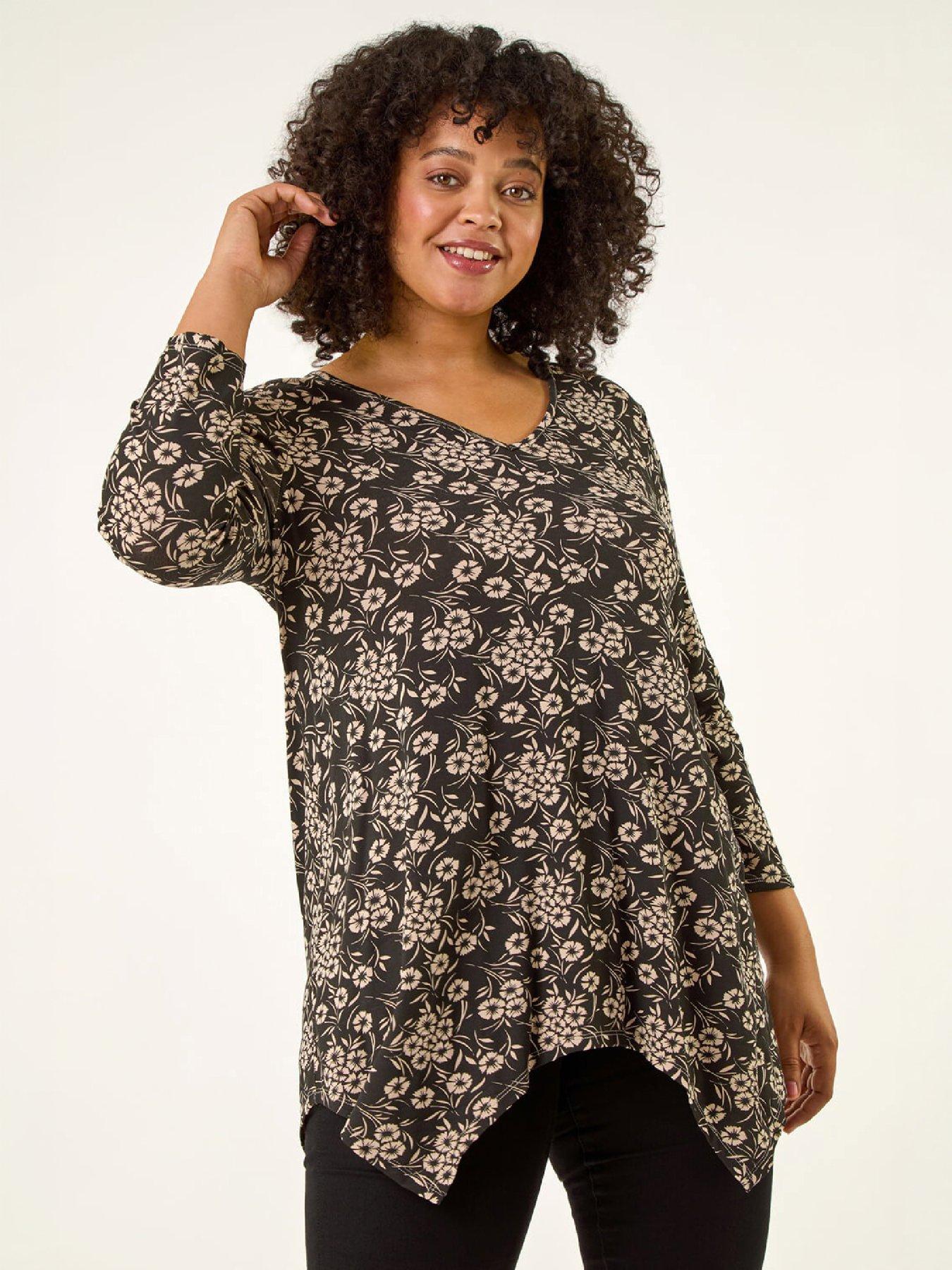 Roman Women's Black Curve Floral V-Neck Stretch Top In | Size: 20 - Image 2
