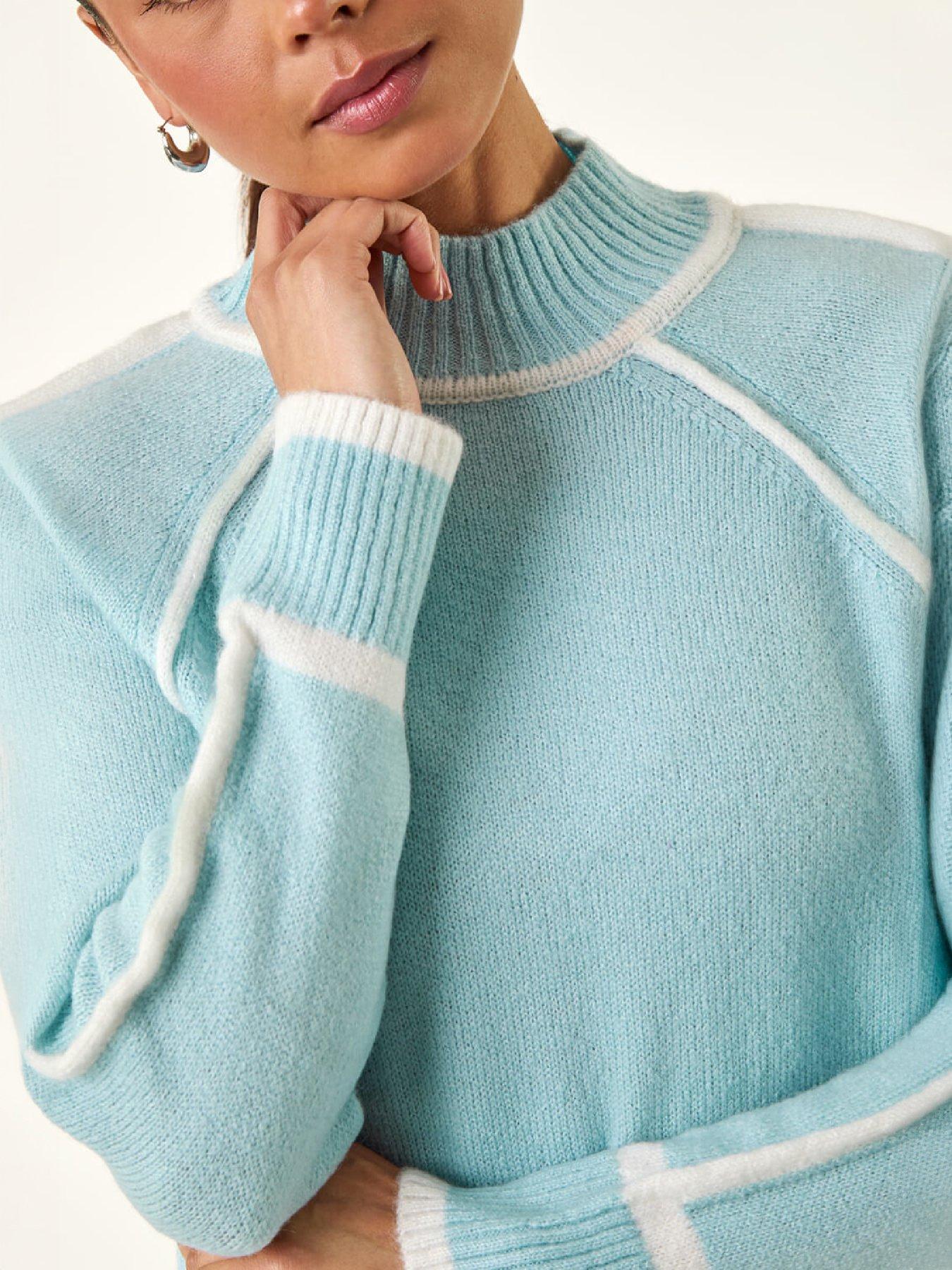 Roman Petite Contrast Ribbed Knit Jumper, Blue, Size 10, Women