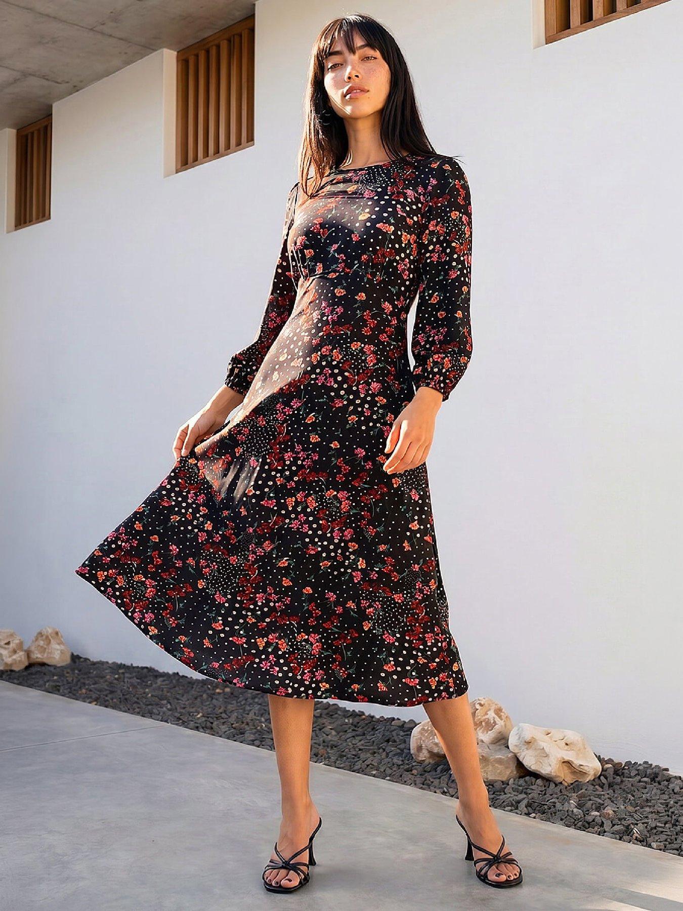 Roman Petite Floral Print Midi Dress, Black, Size 12, Women