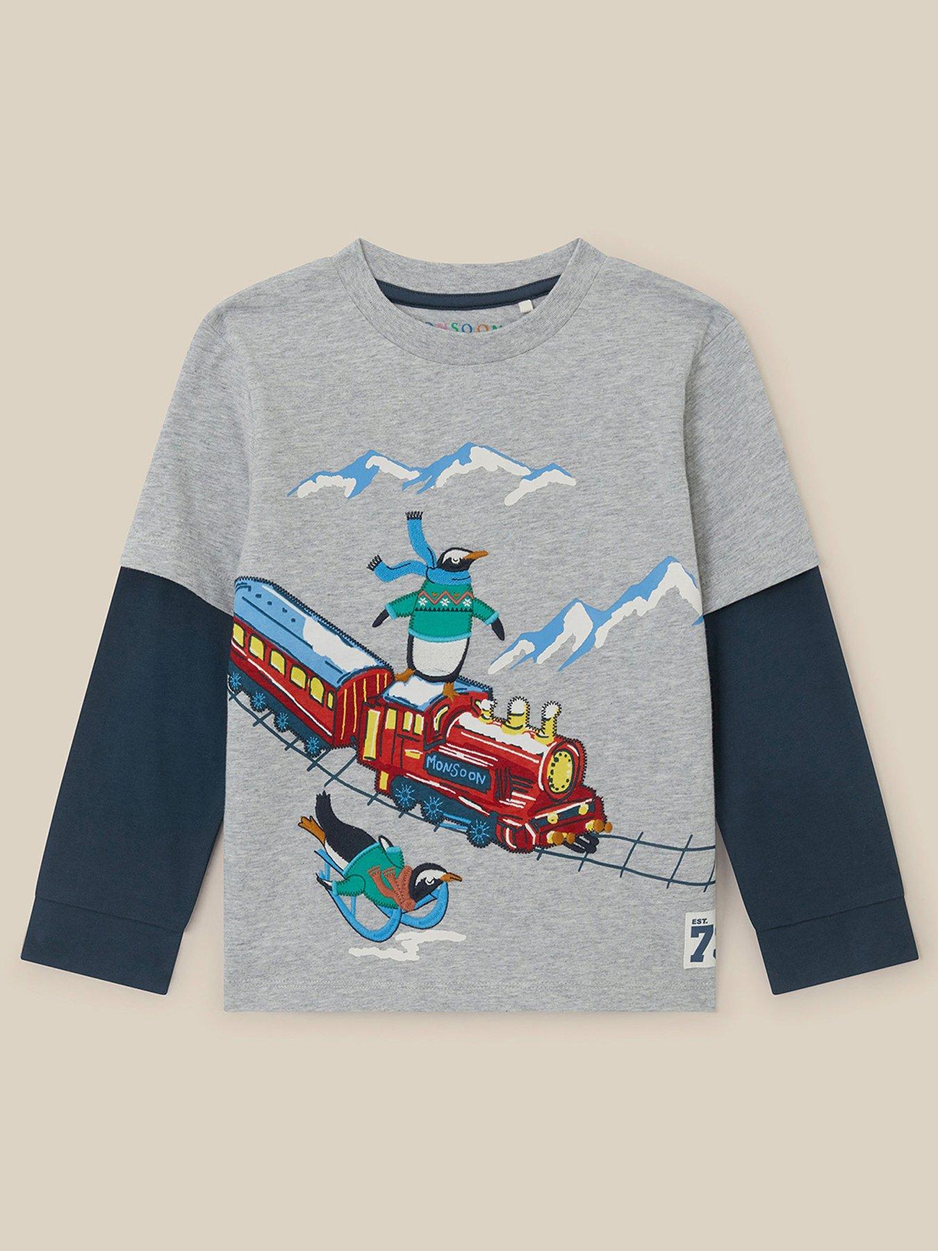 Image 1 of 3 of Monsoon Boys Christmas Train Layered-Look Long Sleeve Top - Grey