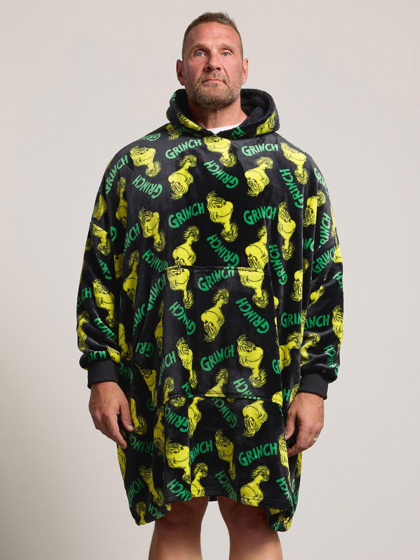 Badrhino Mens Oversized Christmas Grinch Print Snuggle Hoodie - Green