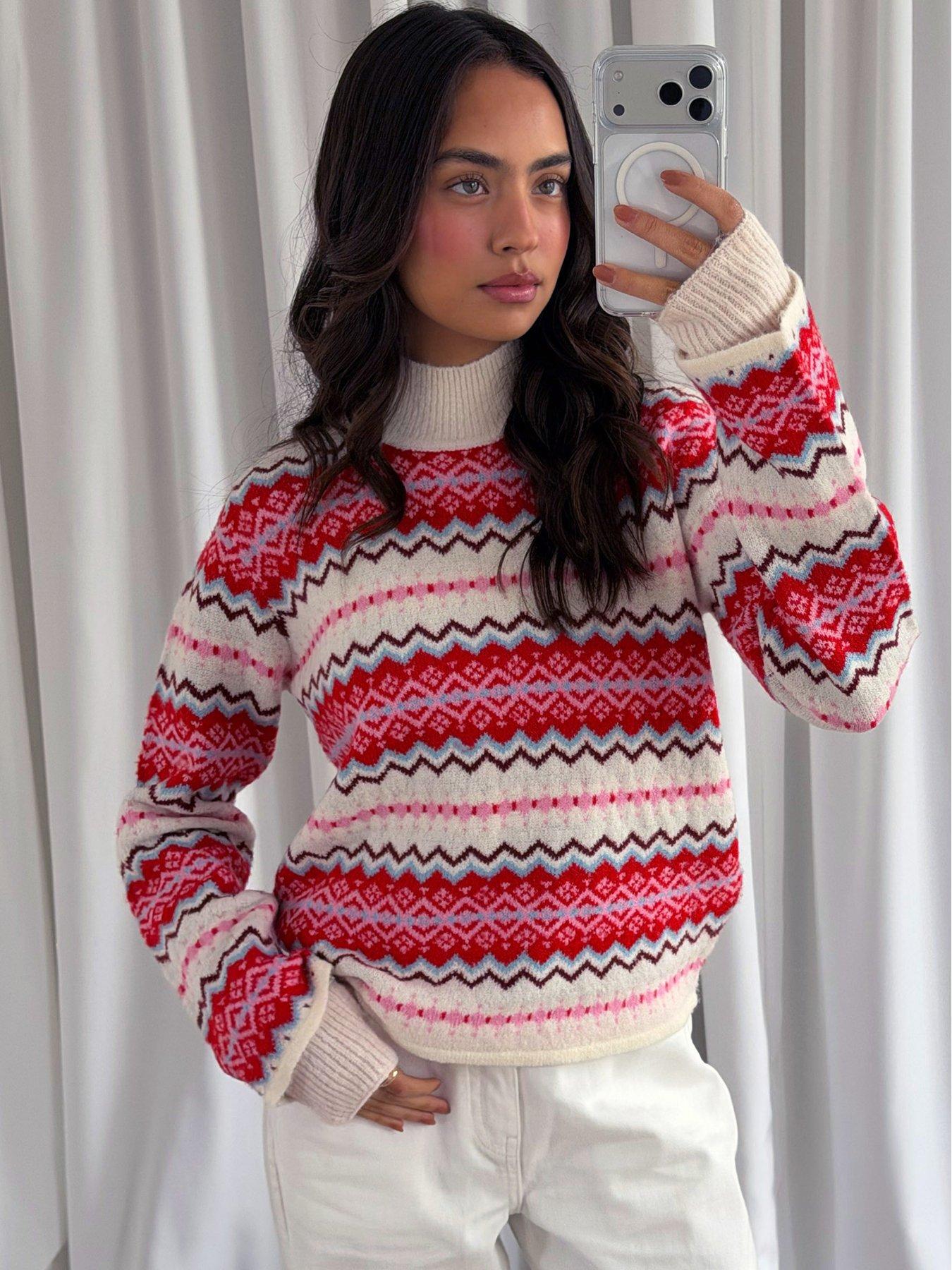 Image 1 of 5 of Threadbare Womens Jingle Funnel Neck Soft-Touch Fairisle Jumper - Multi