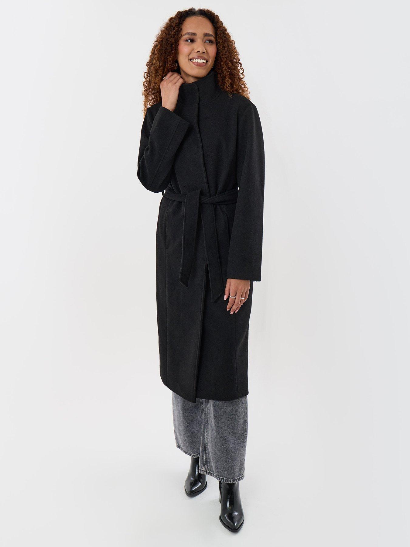 Image 1 of 4 of Threadbare Womens Funnel Neck Belted Longline Jacket - Black
