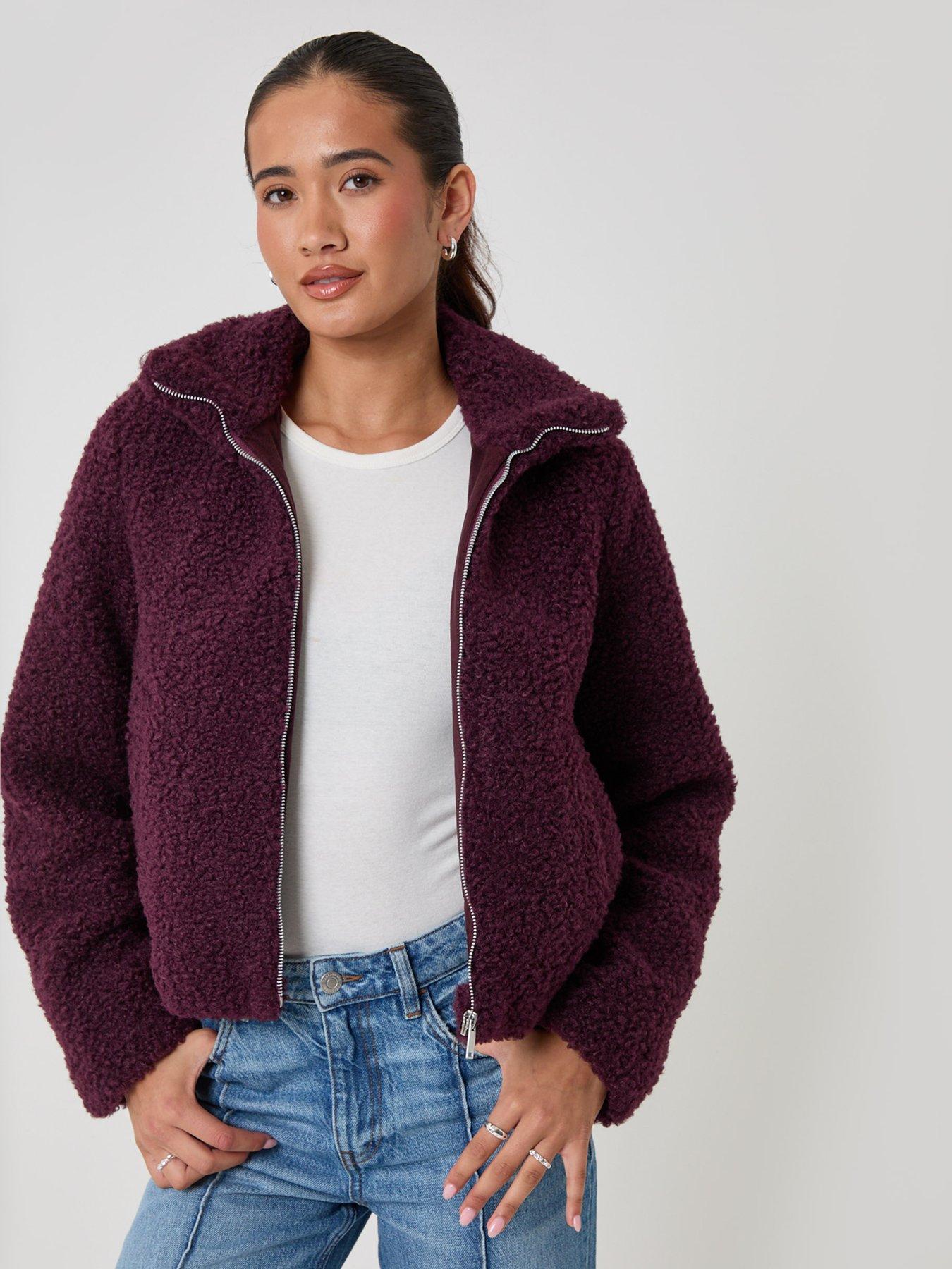 Image 1 of 4 of Threadbare Funnel Neck Borg Bomber Jacket In Plum