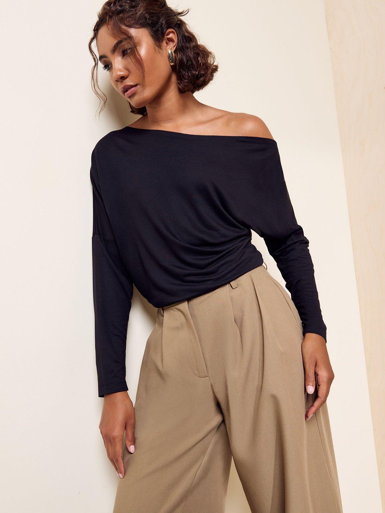 Image 1 of 5 of Friends Like These Womens Off-Shoulder Stretch Jersey Long Sleeve Top - Black