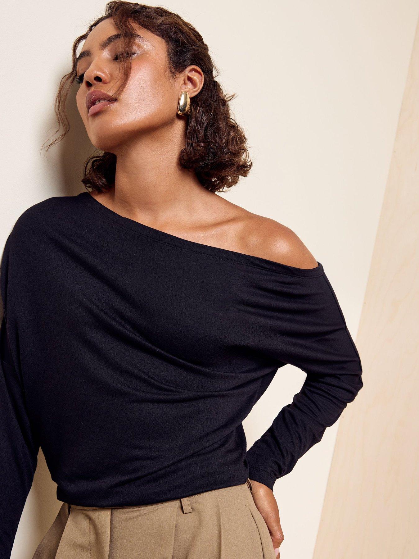 Image 4 of 5 of Friends Like These Womens Off-Shoulder Stretch Jersey Long Sleeve Top - Black